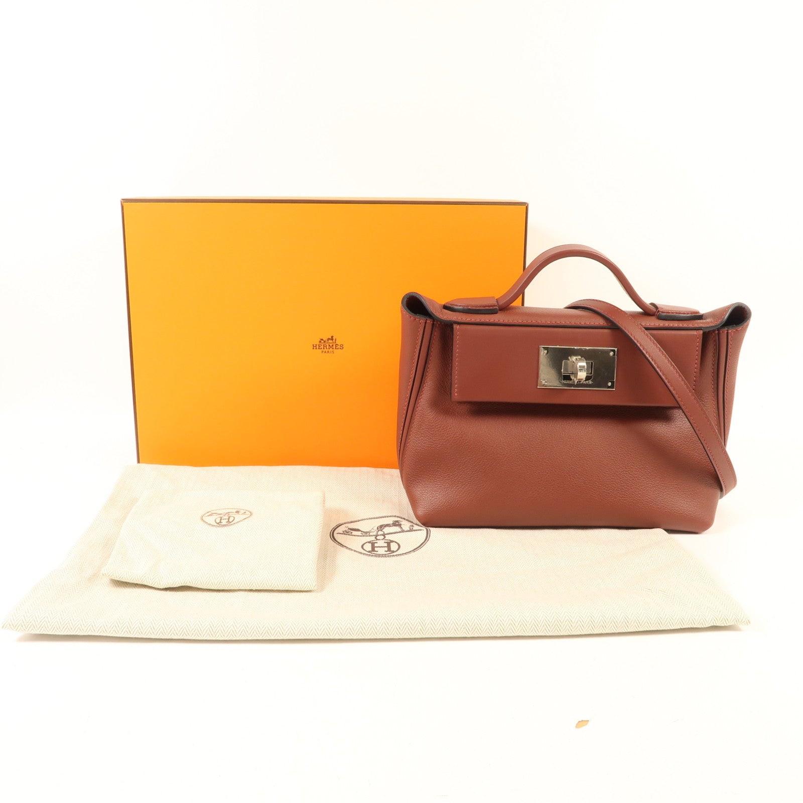 HERMES Evercolor皮革24/24 Mini銀扣手挽肩背兩用袋Rougeh