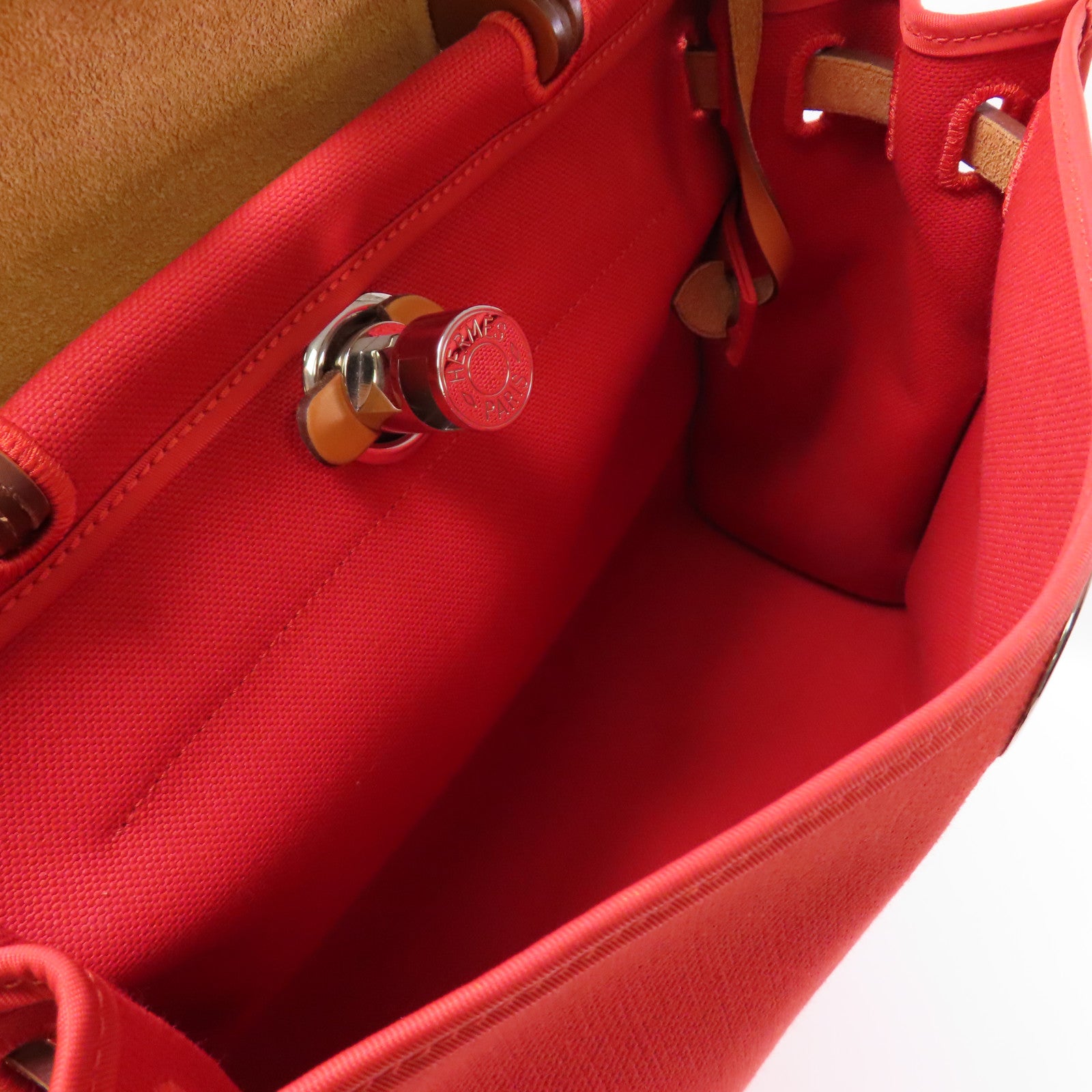 HERMES 帆布/皮革Herbag PM銀扣手挽肩背兩用袋Rouge Tomate