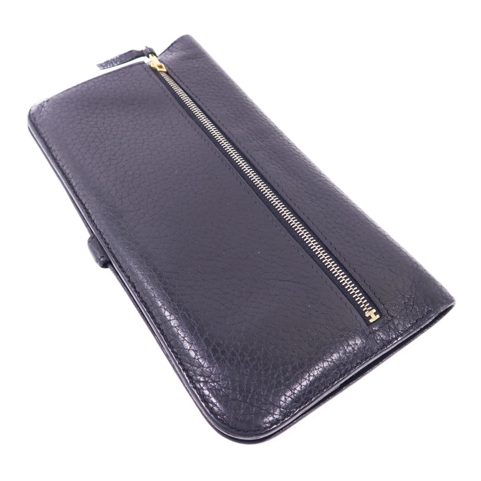 HERMES Clemence皮革Dogon Wallet金扣長錢包Noir