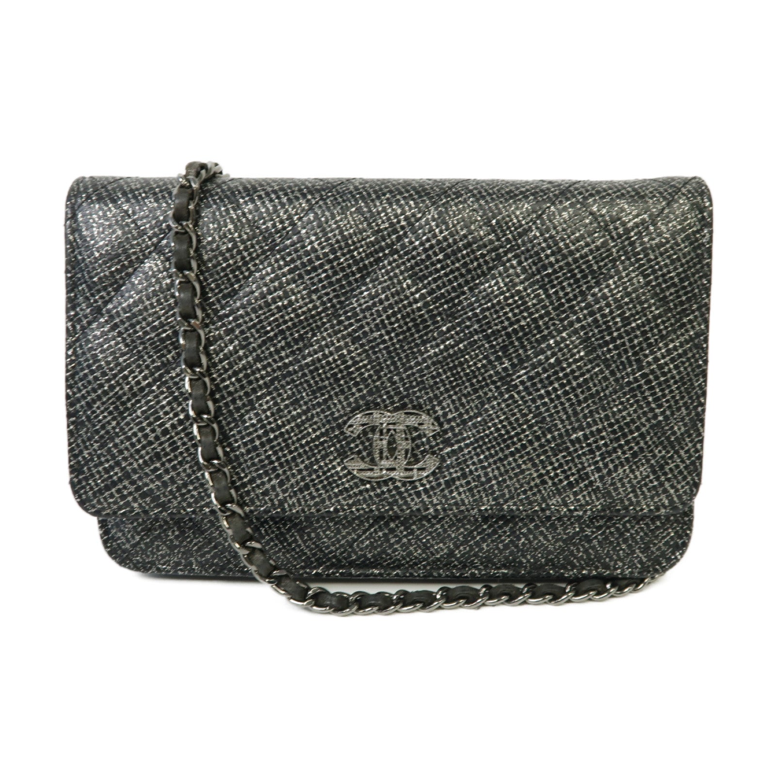 CHANEL 菱格牛皮皮革/閃粉WOC Wallet On Chain銀扣鏈帶肩背袋銀色/黑色