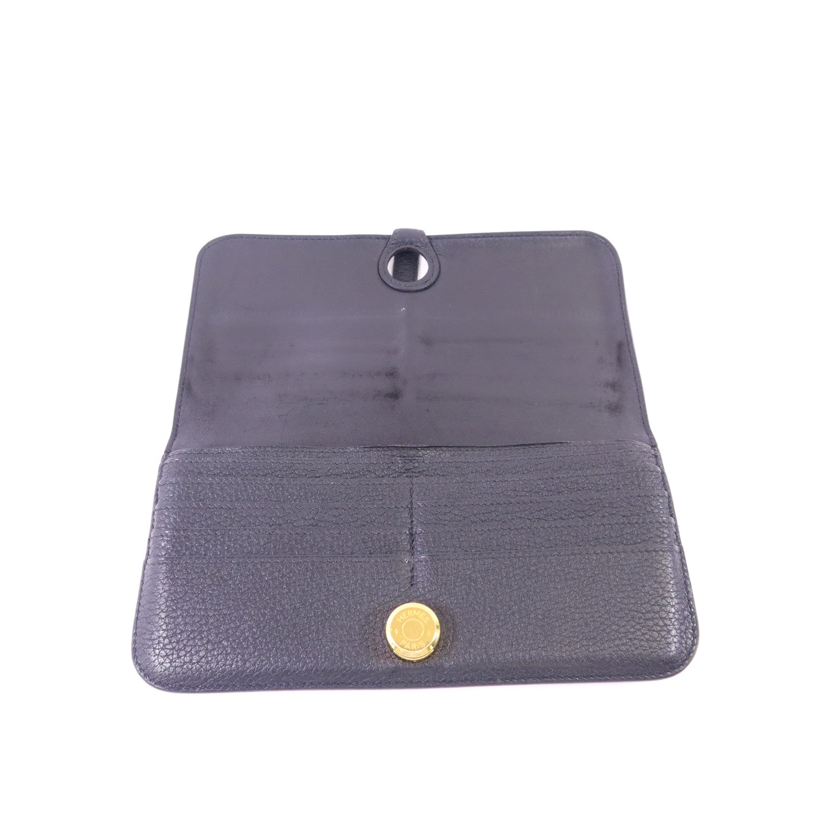 HERMES Clemence皮革Dogon Wallet金扣長錢包Noir