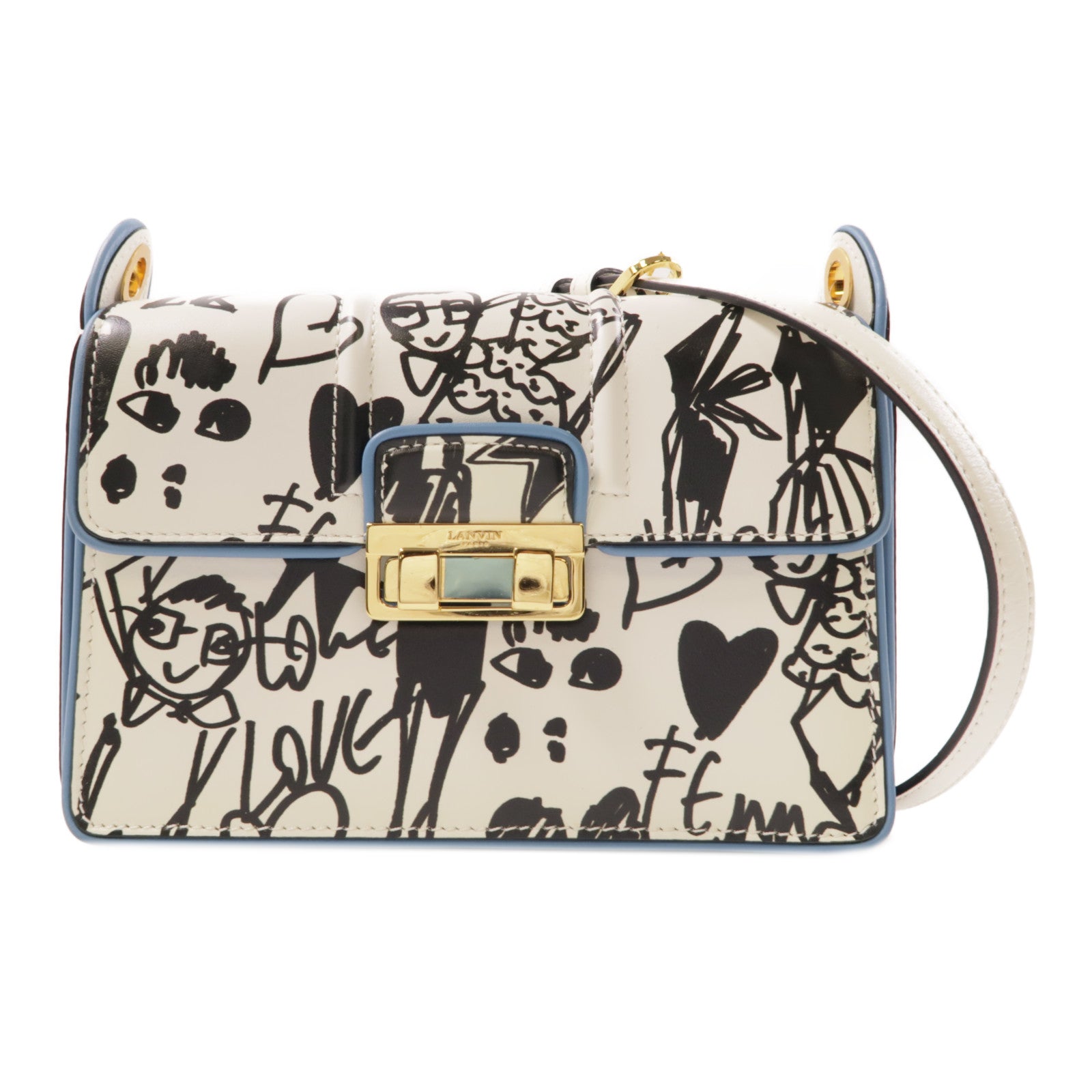 LANVIN 牛皮皮革Shoulder Bag金扣肩背袋白色/黑色/藍色