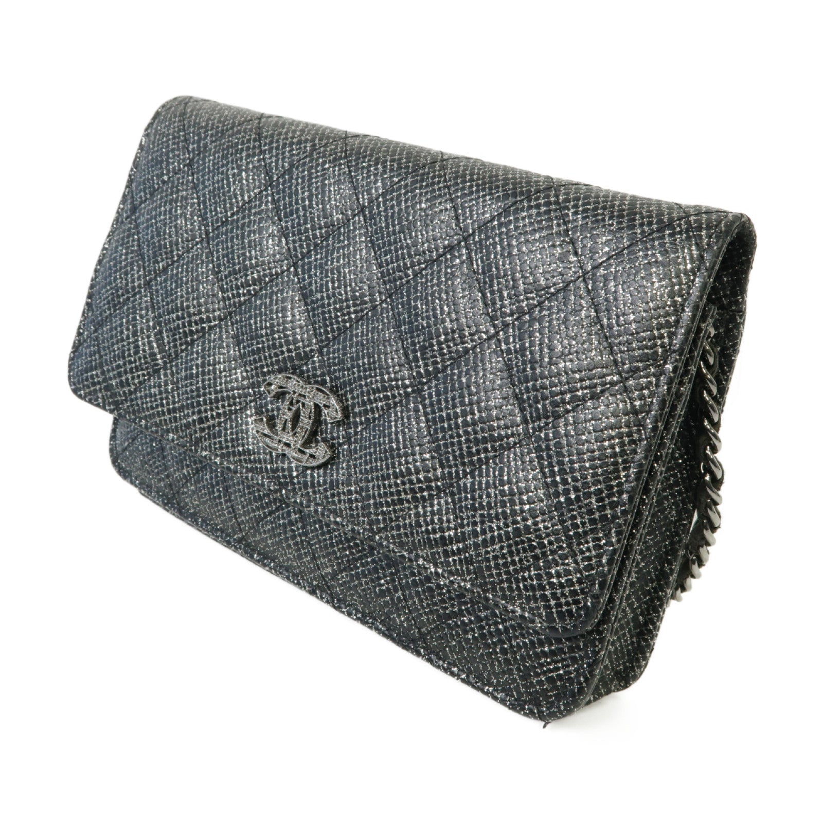 CHANEL 菱格牛皮皮革/閃粉WOC Wallet On Chain銀扣鏈帶肩背袋銀色/黑色