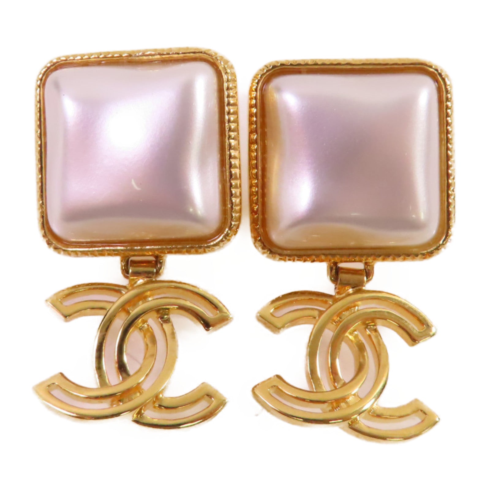 CHANEL 金屬/仿珍珠CC Earrings金扣耳環白色/金色