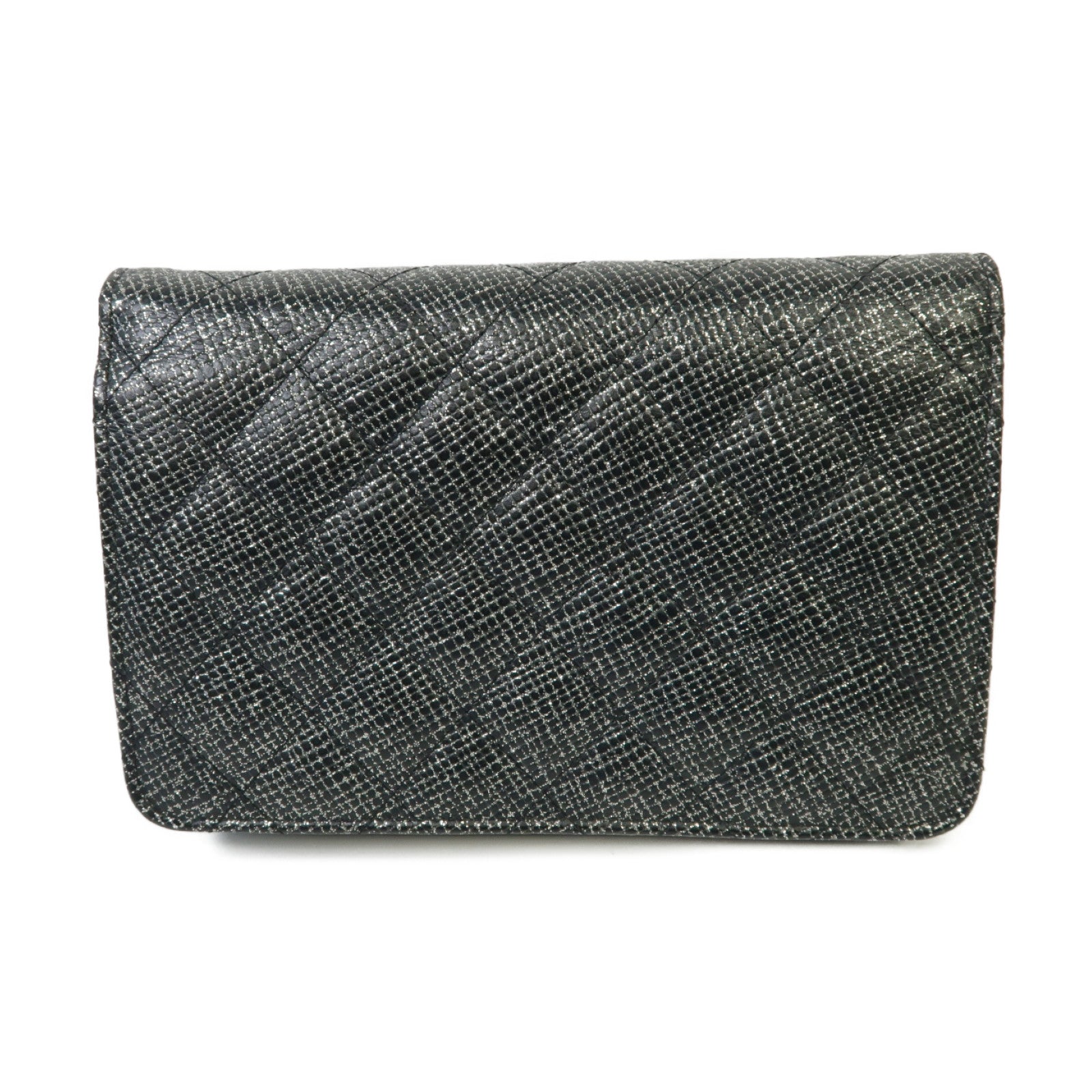 CHANEL 菱格牛皮皮革/閃粉WOC Wallet On Chain銀扣鏈帶肩背袋銀色/黑色