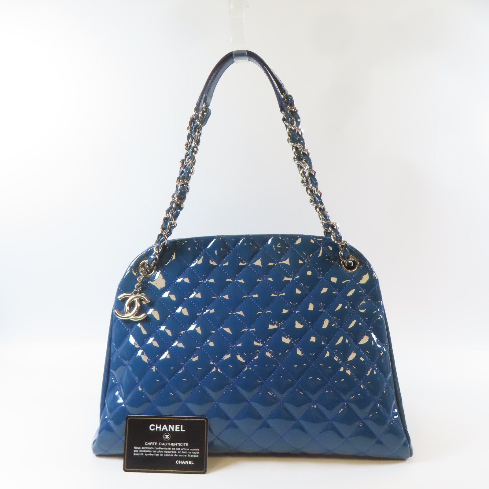 CHANEL 【激減優惠】菱格漆皮皮革Chain Tote Bag銀扣手挽袋藍色