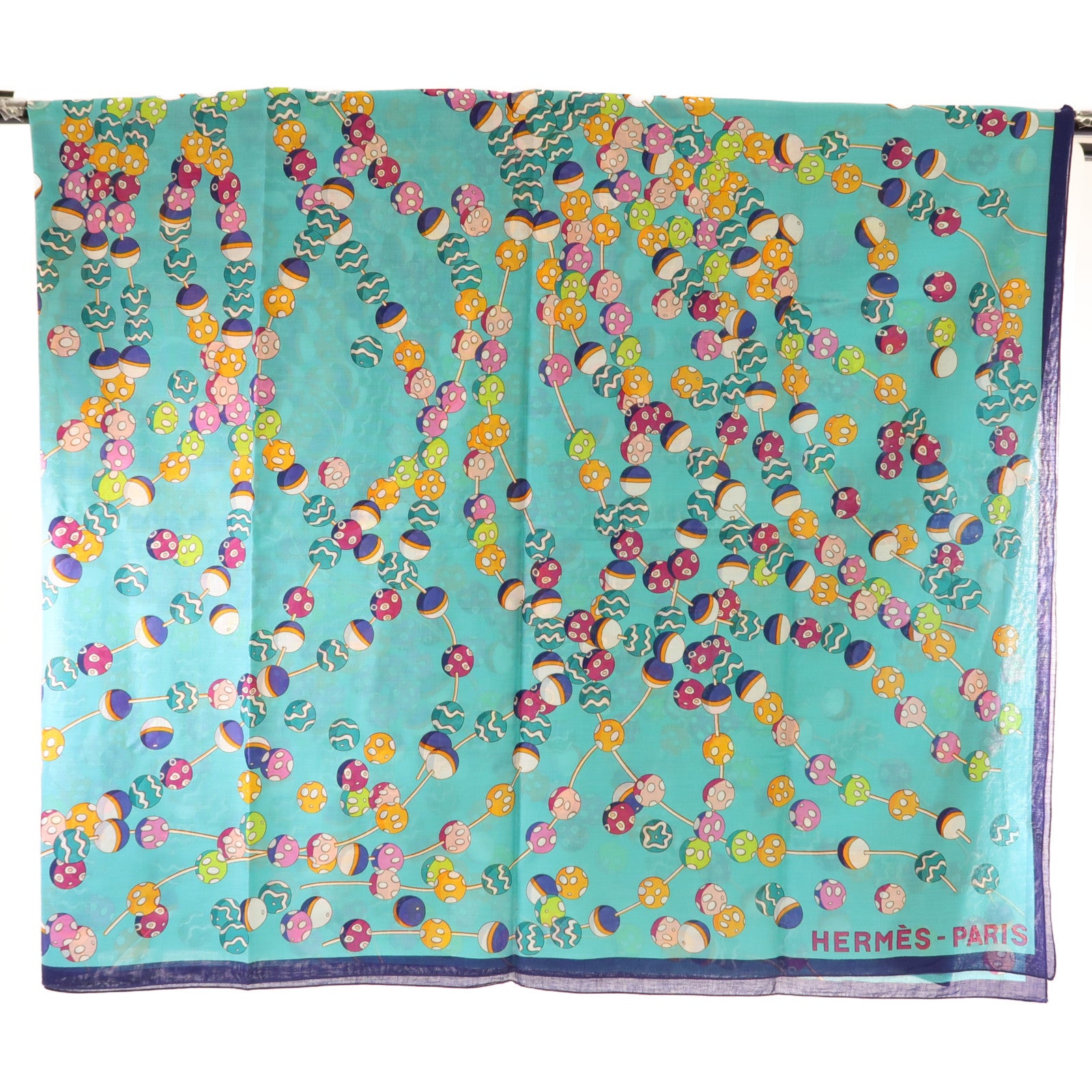 HERMES Scarf 140x140cm Cotton Blue/Yellow/Pink