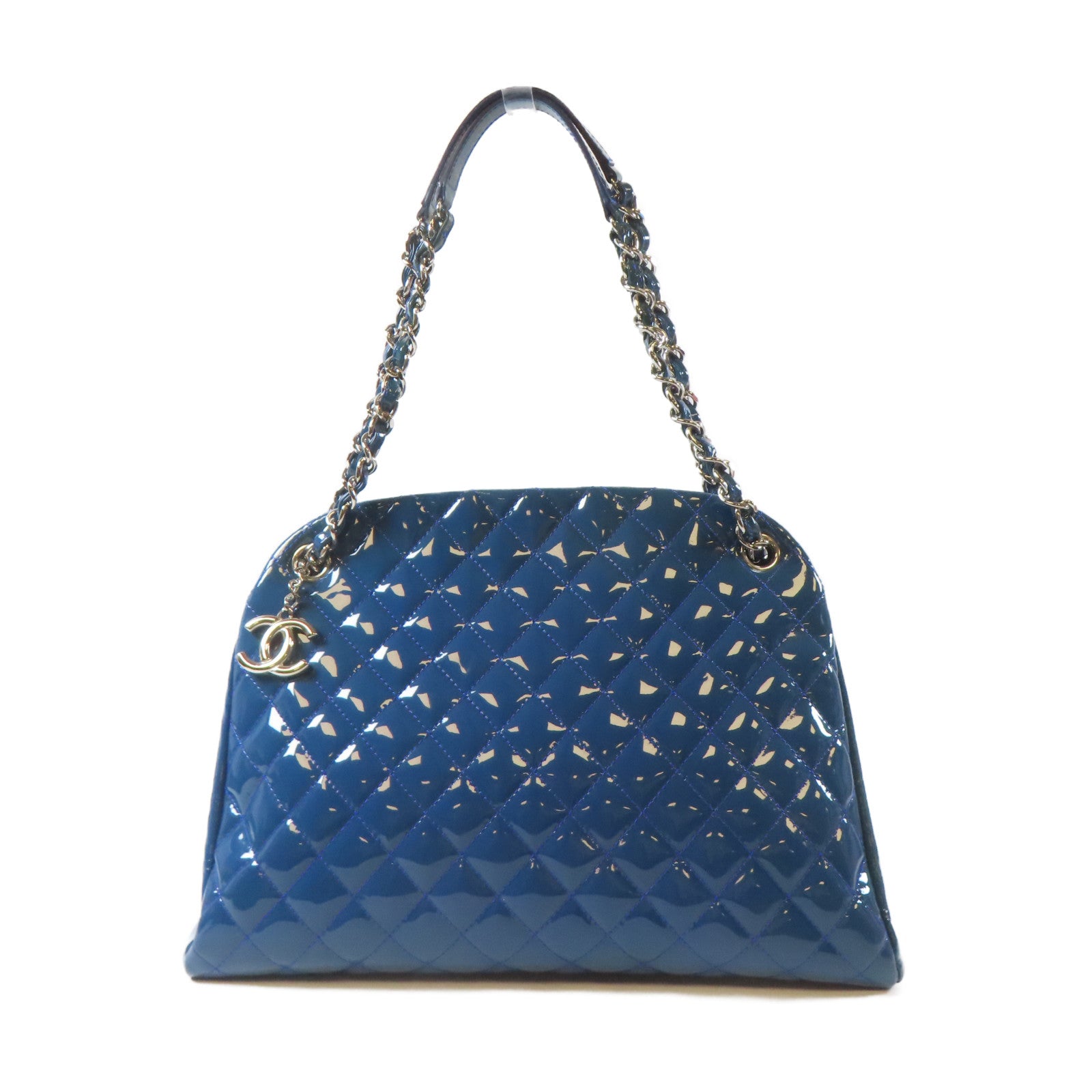CHANEL 【激減優惠】菱格漆皮皮革Chain Tote Bag銀扣手挽袋藍色