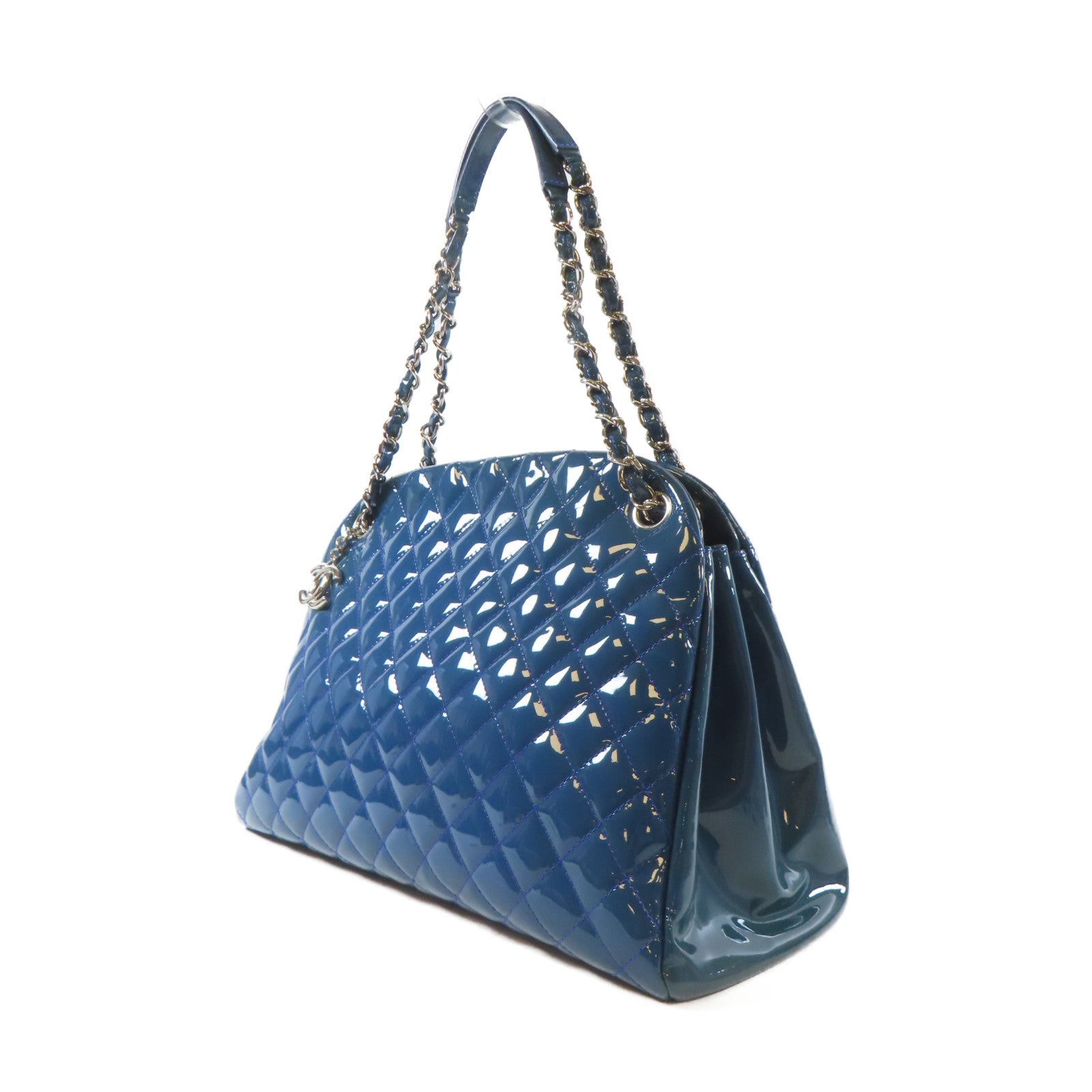 CHANEL 【激減優惠】菱格漆皮皮革Chain Tote Bag銀扣手挽袋藍色