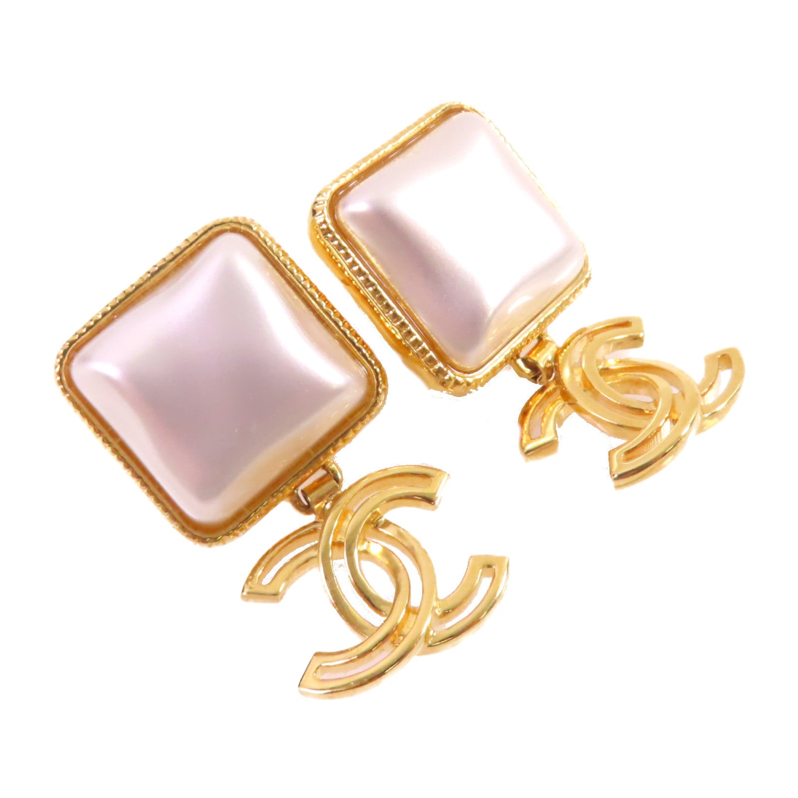 CHANEL 金屬/仿珍珠CC Earrings金扣耳環白色/金色