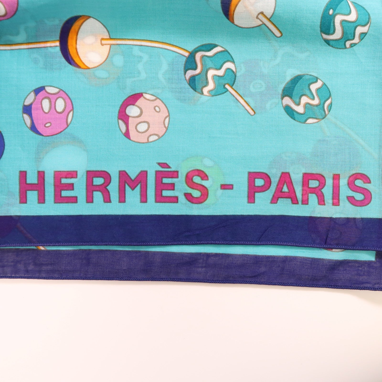 HERMES Scarf 140x140cm Cotton Blue/Yellow/Pink