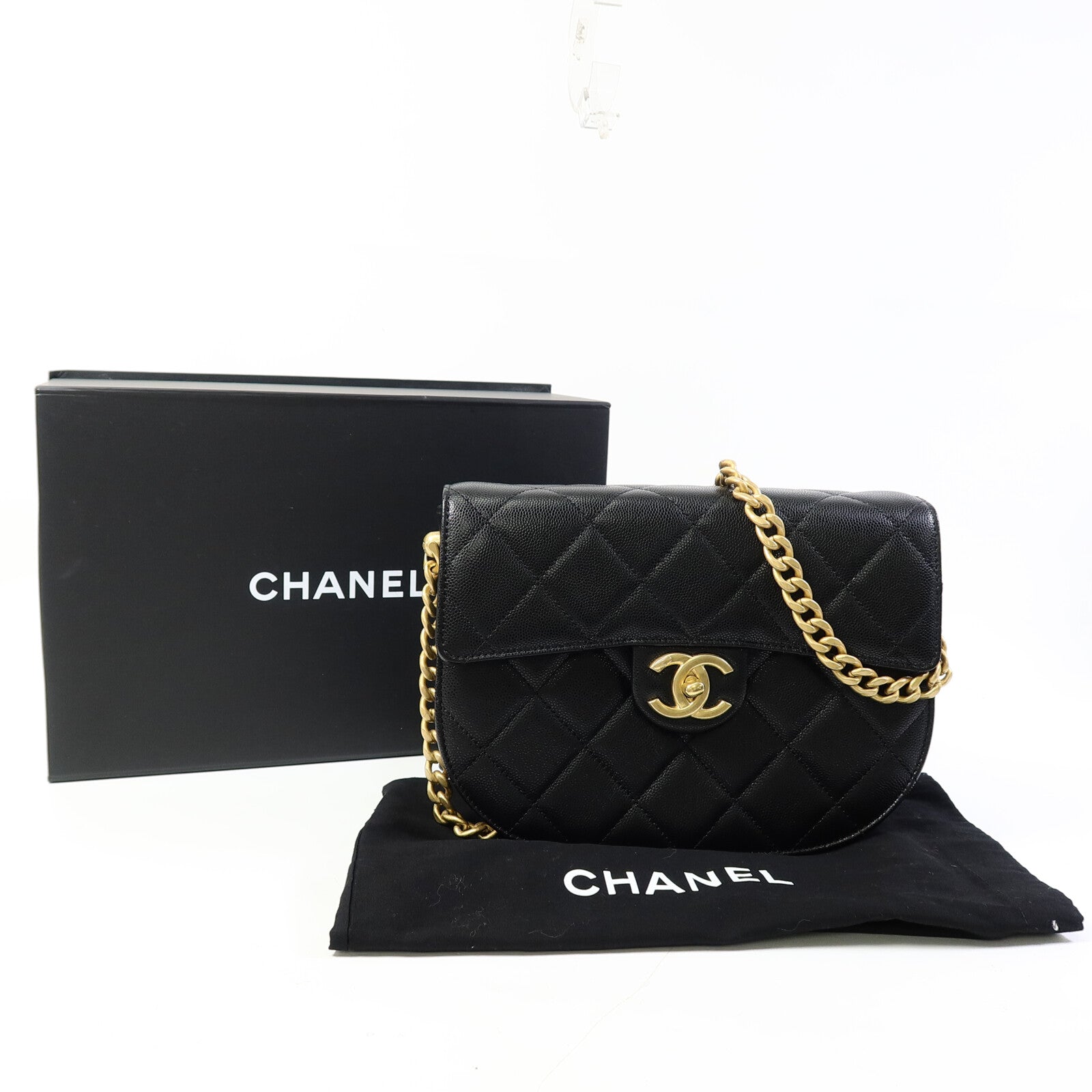 CHANEL 牛皮皮革Half Moon Flap Messenger Bag金扣鏈帶肩背袋