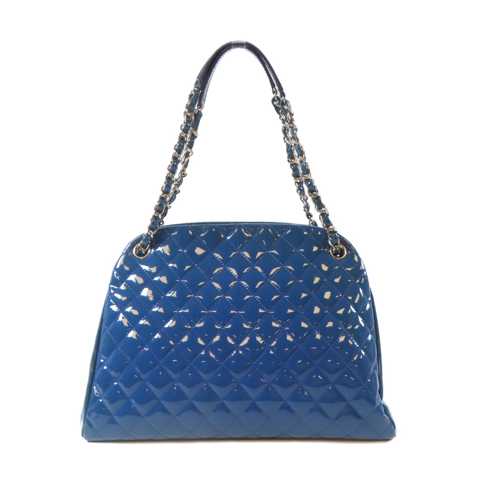 CHANEL 【激減優惠】菱格漆皮皮革Chain Tote Bag銀扣手挽袋藍色