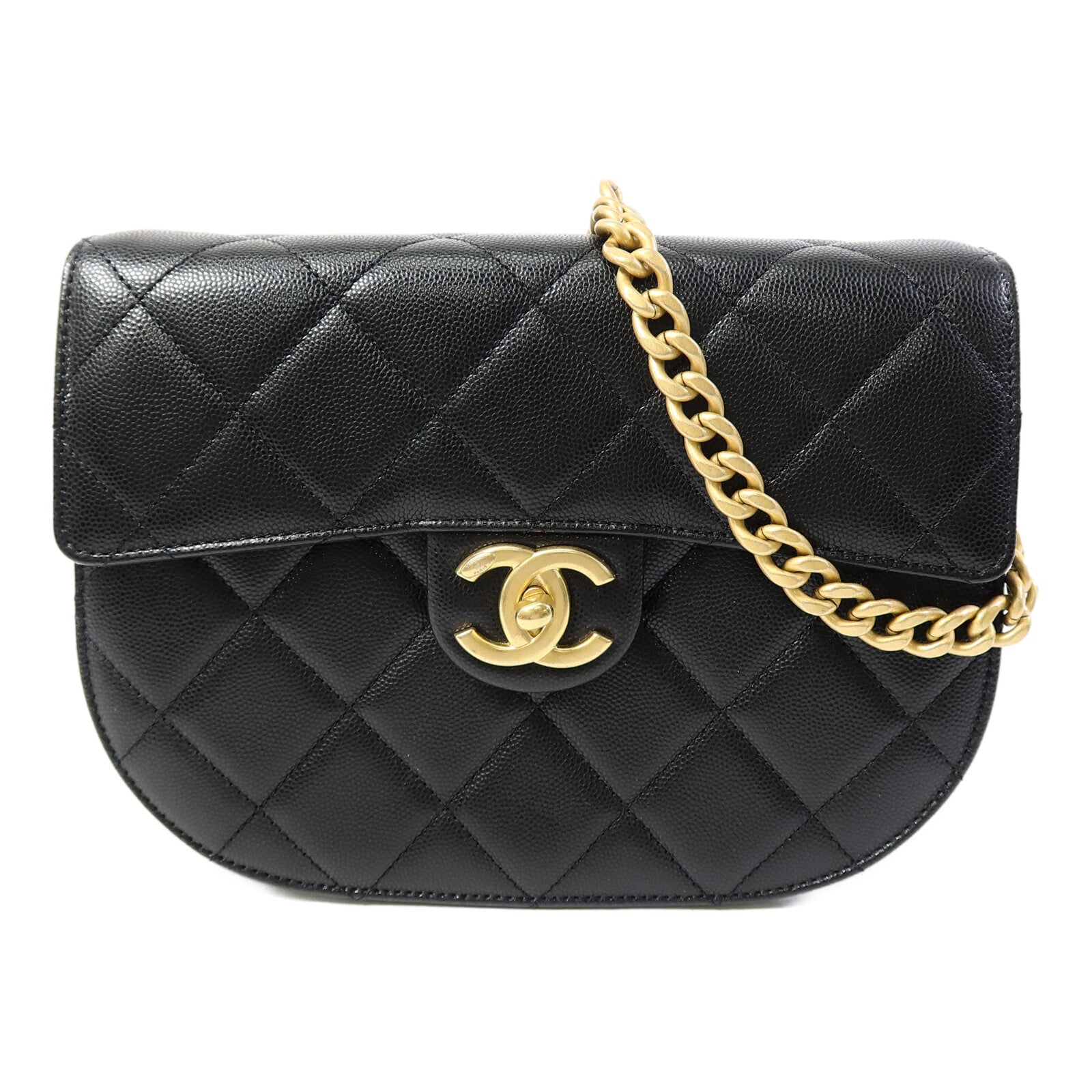 CHANEL 牛皮皮革Half Moon Flap Messenger Bag金扣鏈帶肩背袋