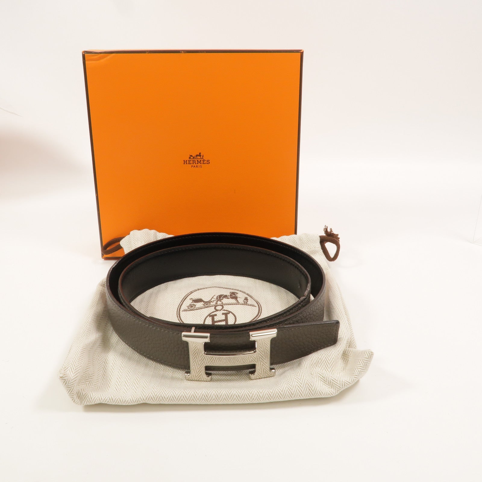 HERMES Togo/Box皮革H Belt 90cm皮帶Etain/Noir