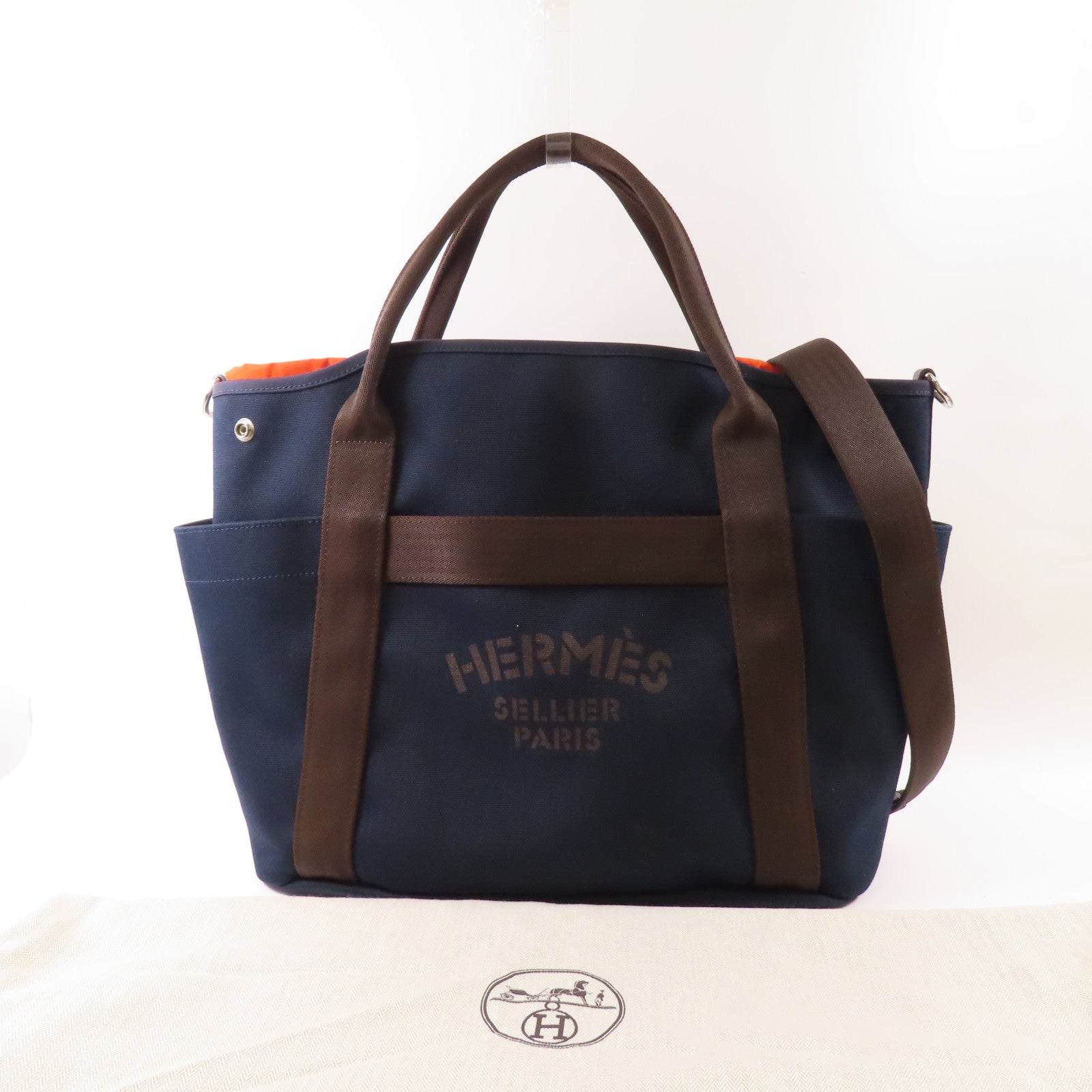 HERMES 帆布The Grooming Bag銀扣手挽肩背兩用袋Navy/Feu