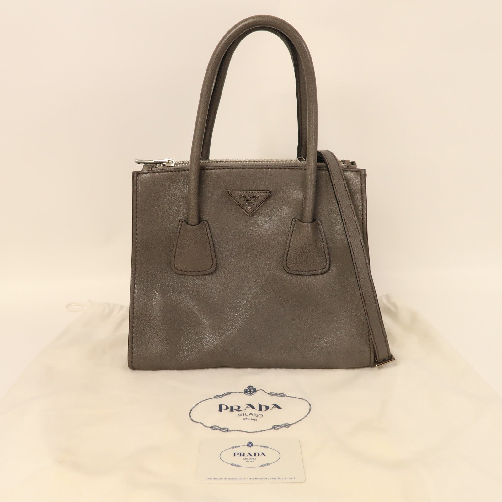 PRADA 牛皮皮革Shoulder Bag銀扣手挽肩背兩用袋灰色