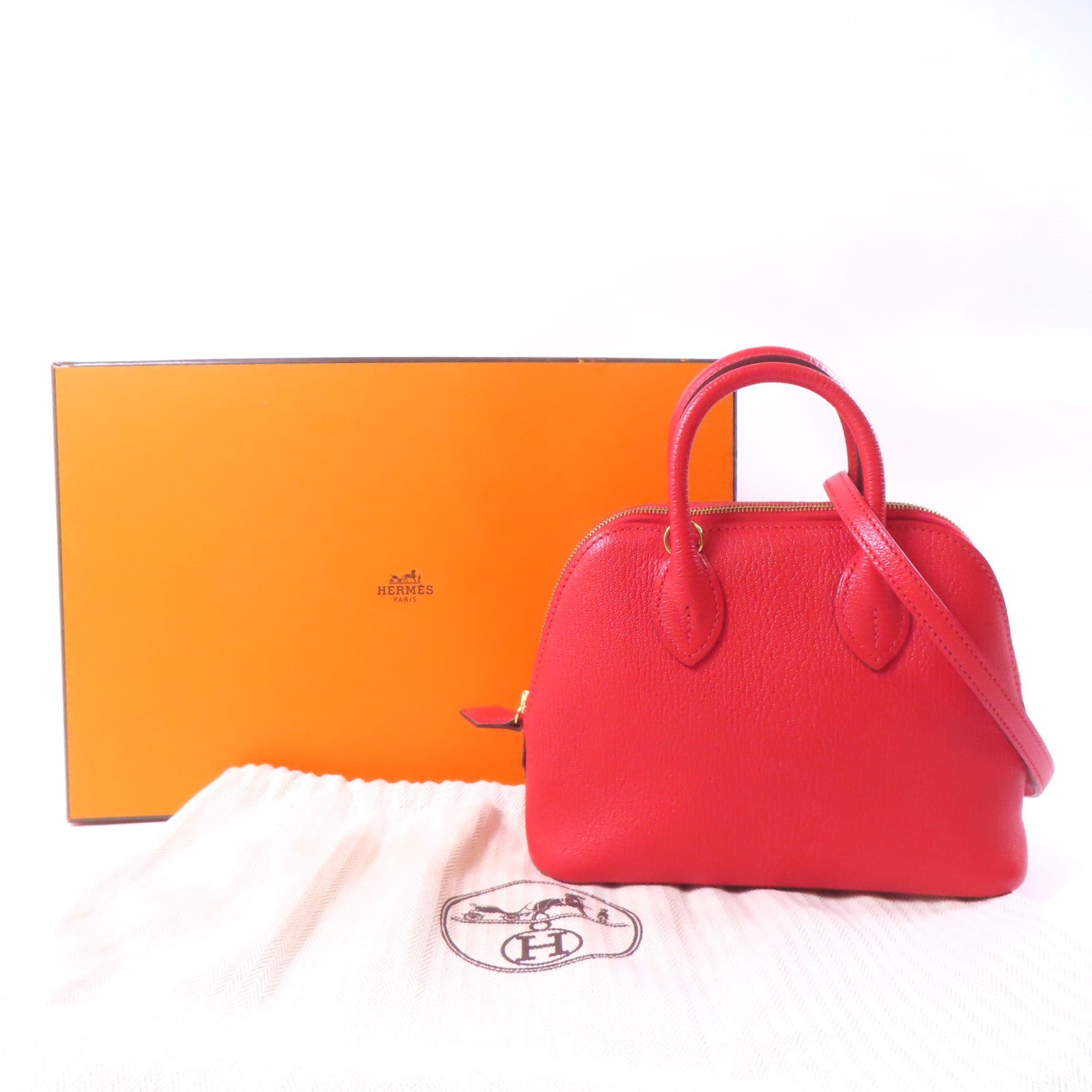 HERMES Chevre皮革Bolide Mini金扣手挽肩背兩用袋紅色
