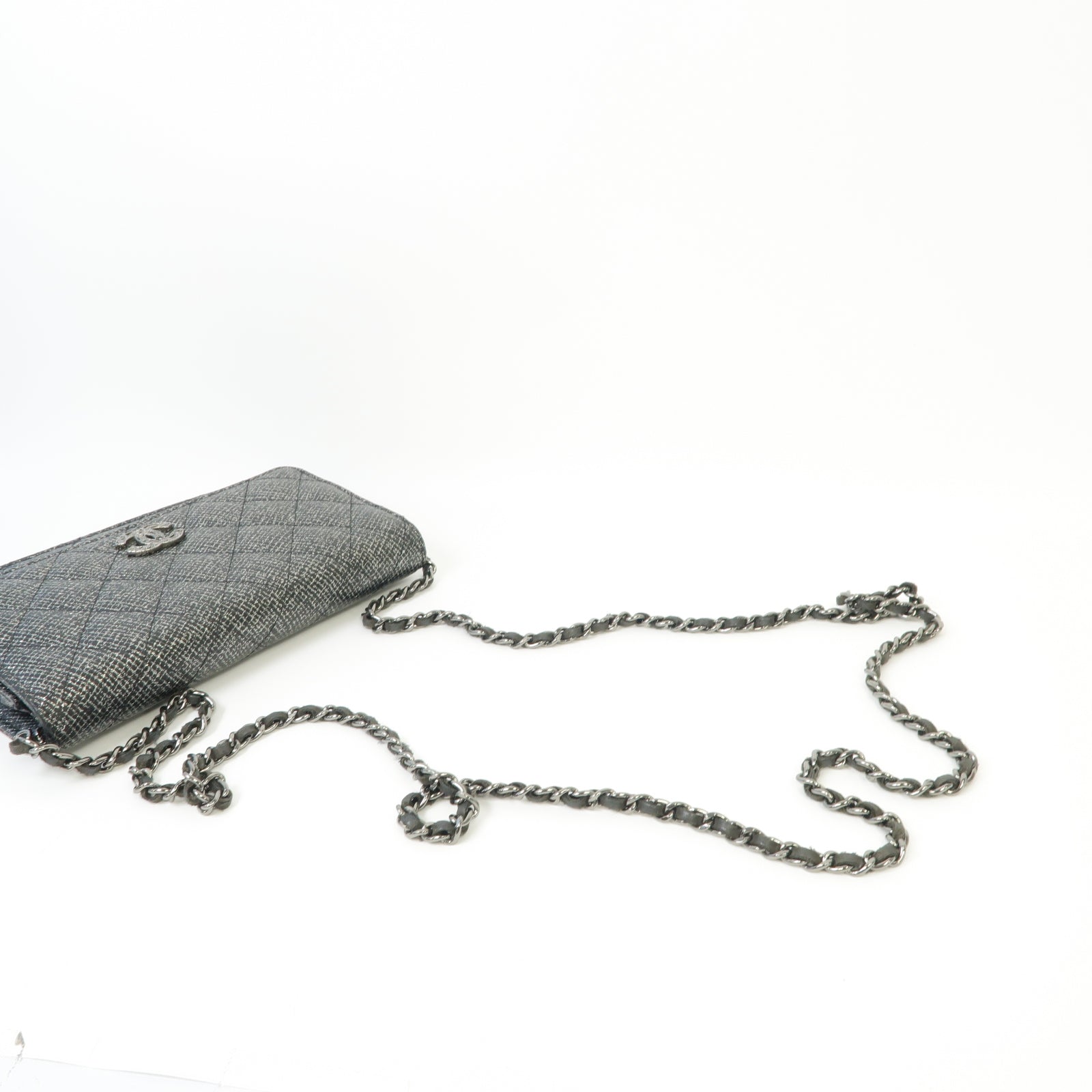 CHANEL 菱格牛皮皮革/閃粉WOC Wallet On Chain銀扣鏈帶肩背袋銀色/黑色