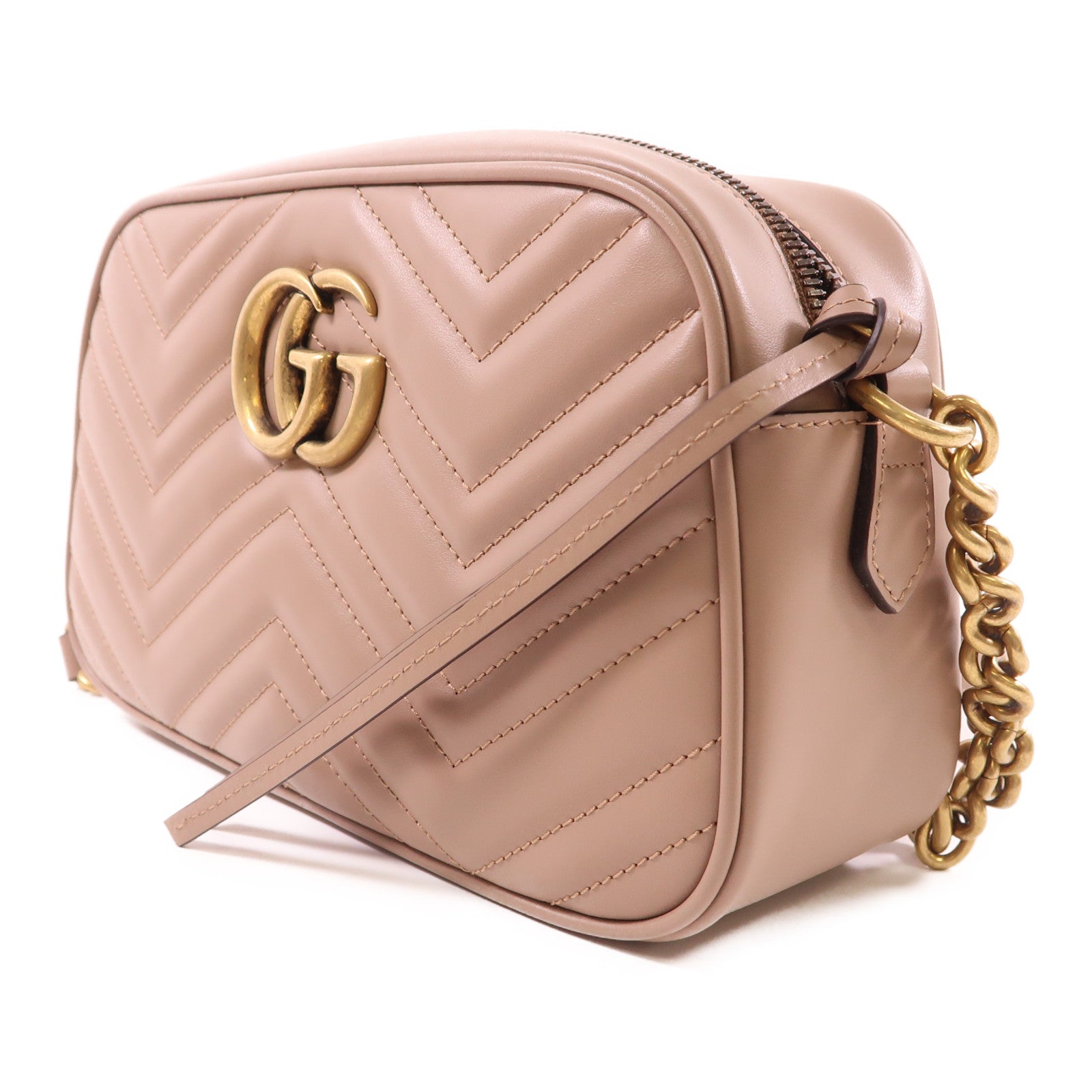 GUCCI GHW GG Marmont Shoulder Bag 447632 DTD1T Calfskin Leather Pink Beige