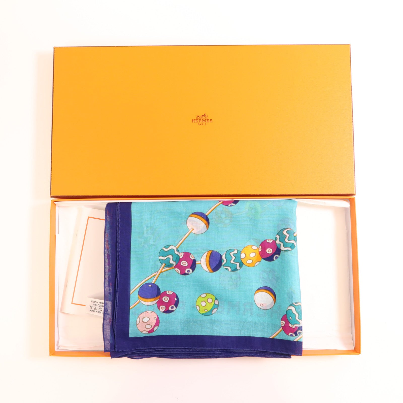 HERMES Scarf 140x140cm Cotton Blue/Yellow/Pink