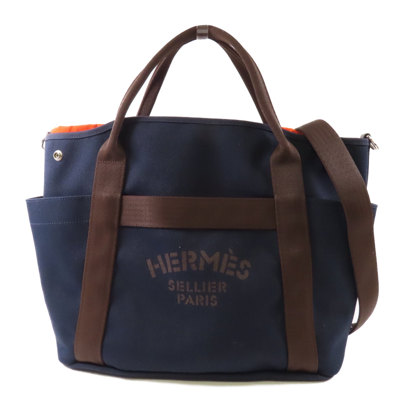 HERMES 帆布The Grooming Bag銀扣手挽肩背兩用袋Navy/Feu