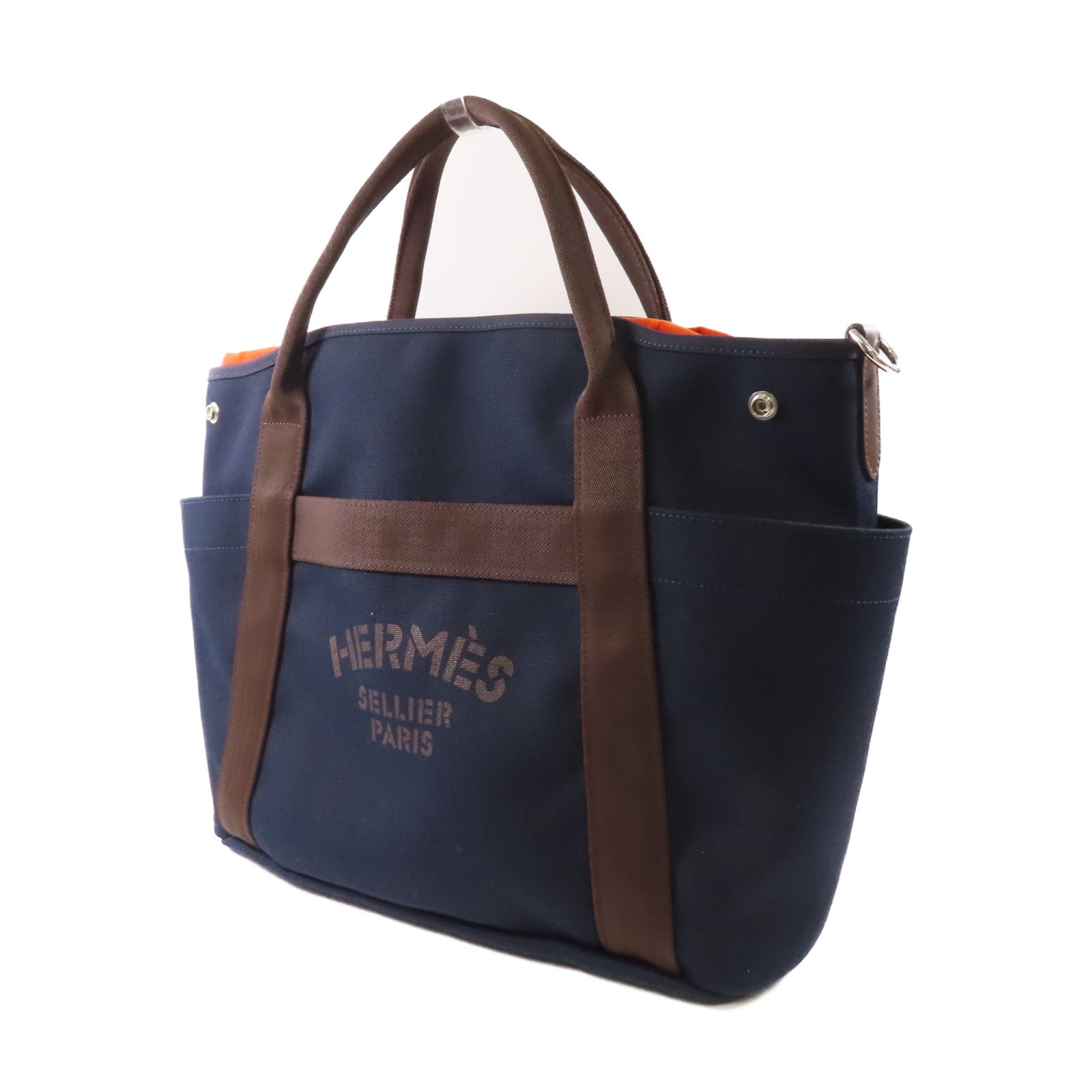 HERMES 帆布The Grooming Bag銀扣手挽肩背兩用袋Navy/Feu