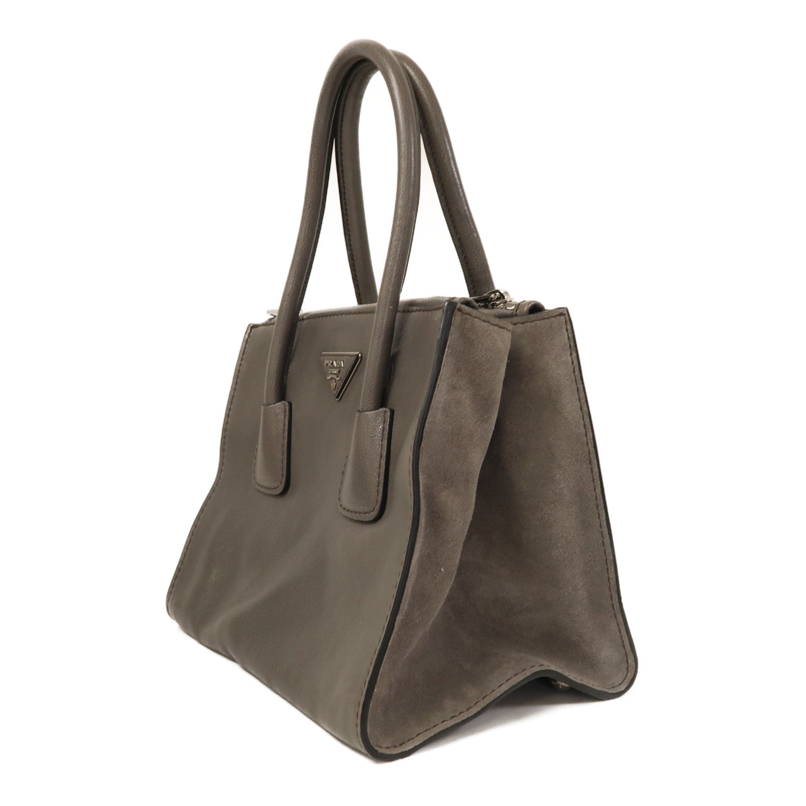 PRADA 牛皮皮革Shoulder Bag銀扣手挽肩背兩用袋灰色