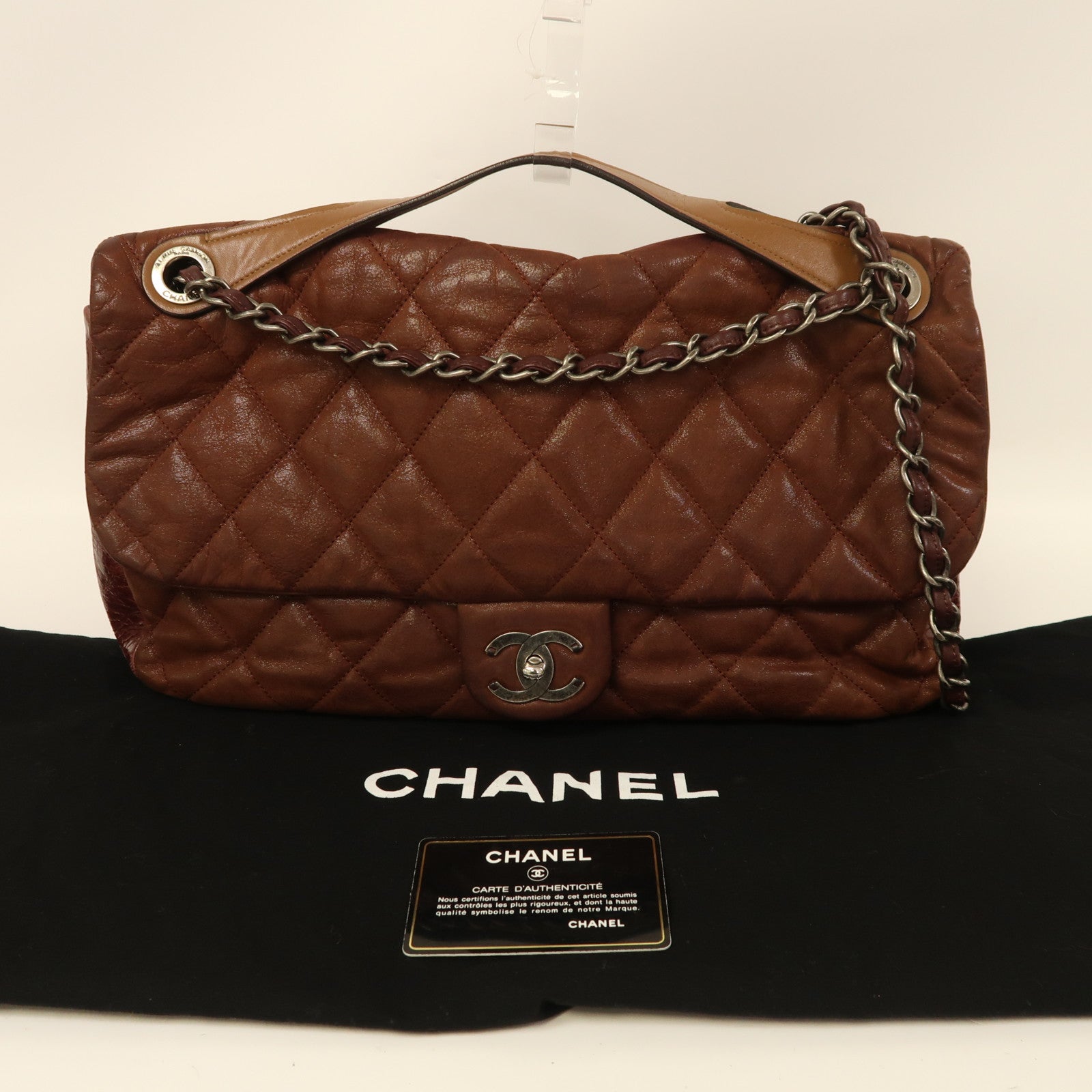 CHANEL 牛皮皮革Chain Shoulder銀扣手挽肩背兩用袋啡色