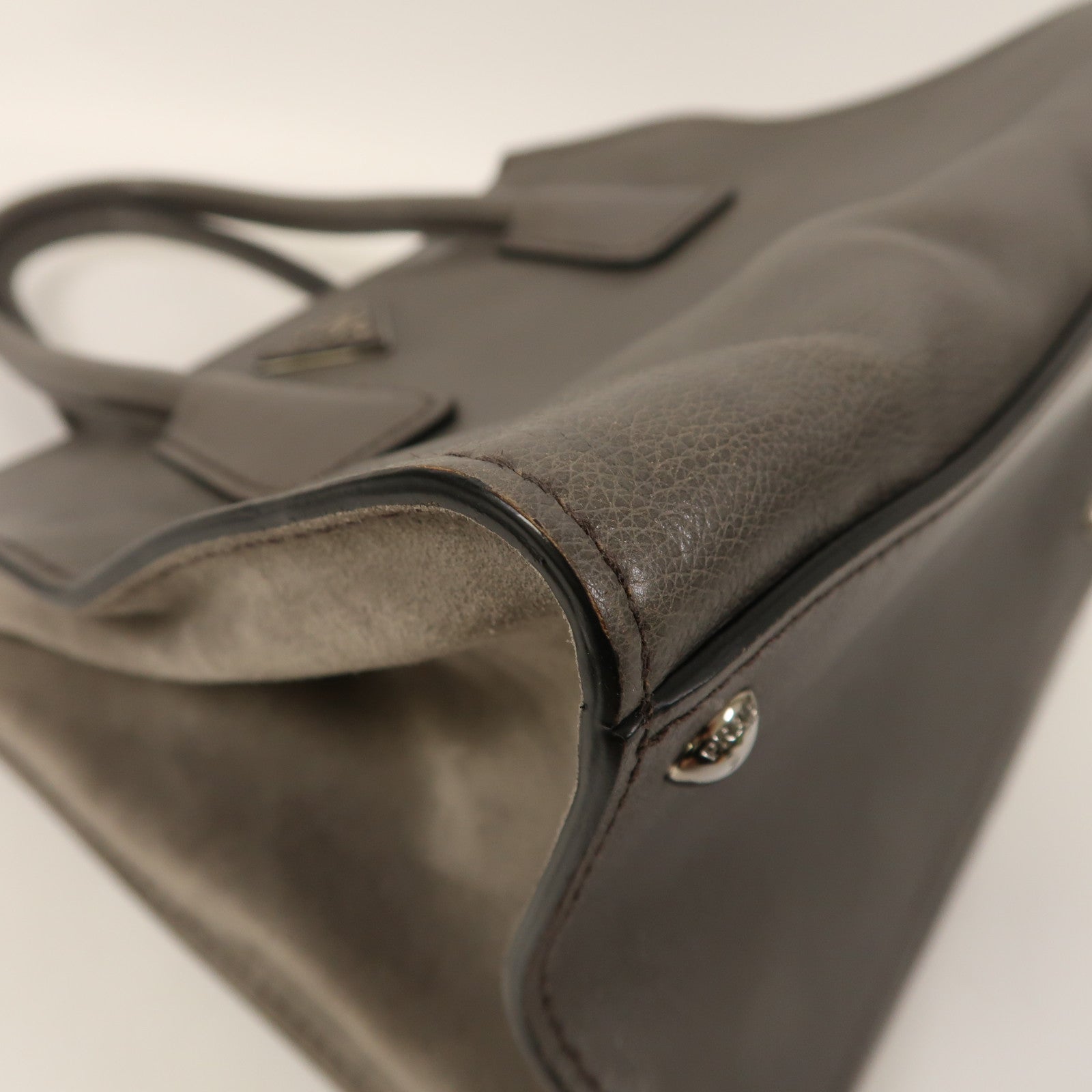 PRADA 牛皮皮革Shoulder Bag銀扣手挽肩背兩用袋灰色