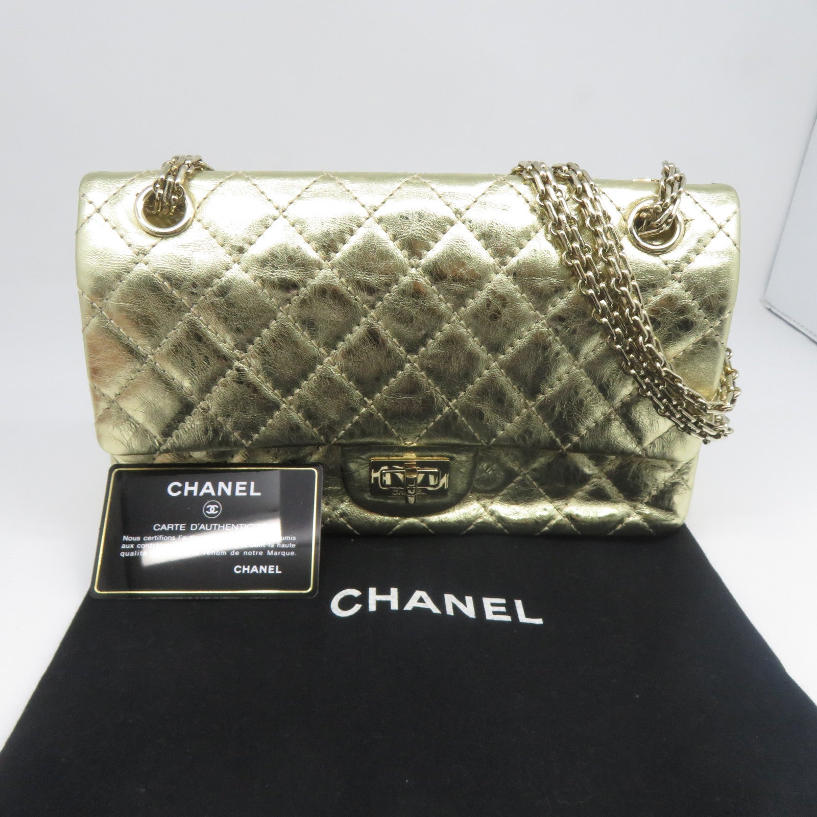CHANEL 【清倉大減價】菱格牛皮皮革Chain Shoulder金扣鏈帶肩背袋金色