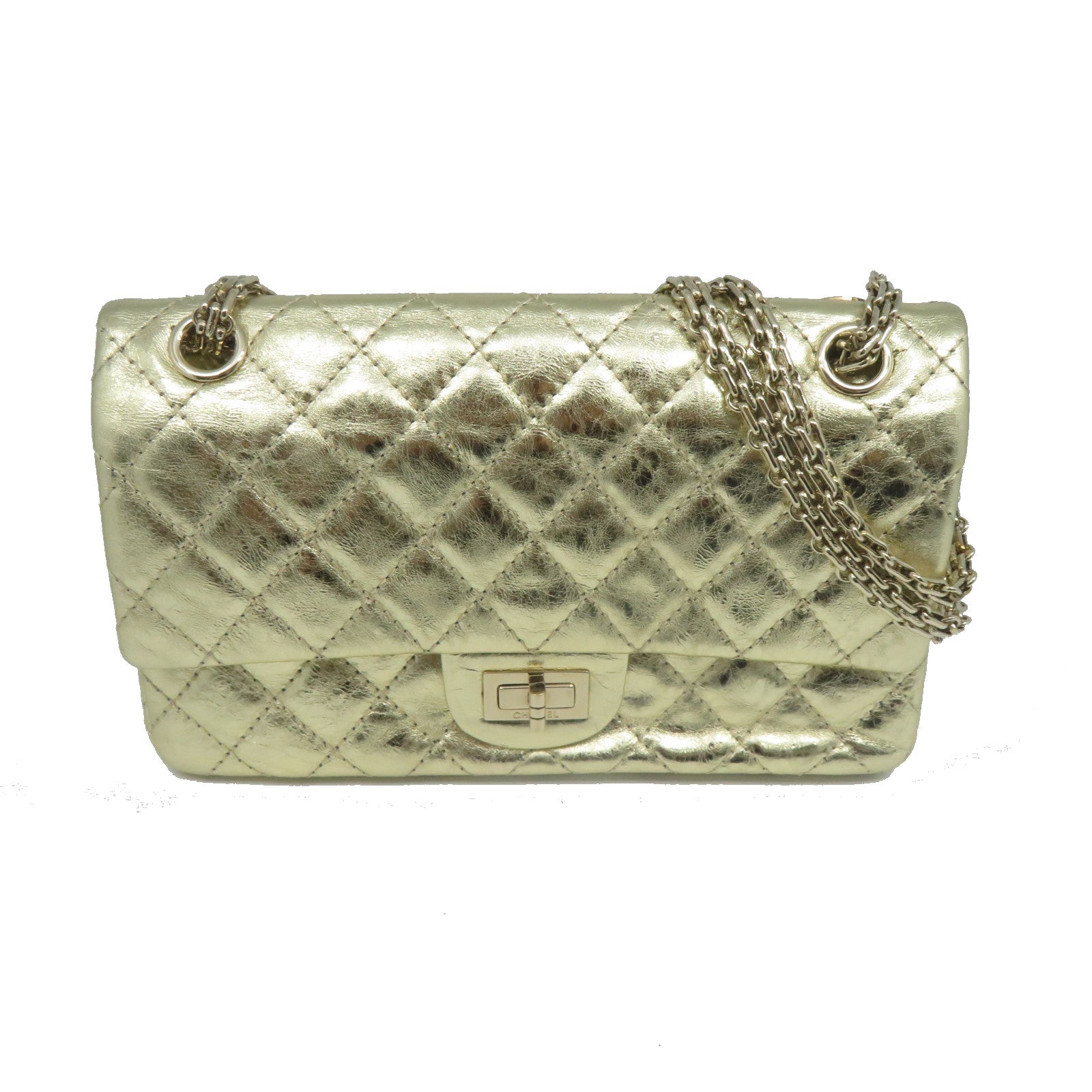 CHANEL 【清倉大減價】菱格牛皮皮革Chain Shoulder金扣鏈帶肩背袋金色