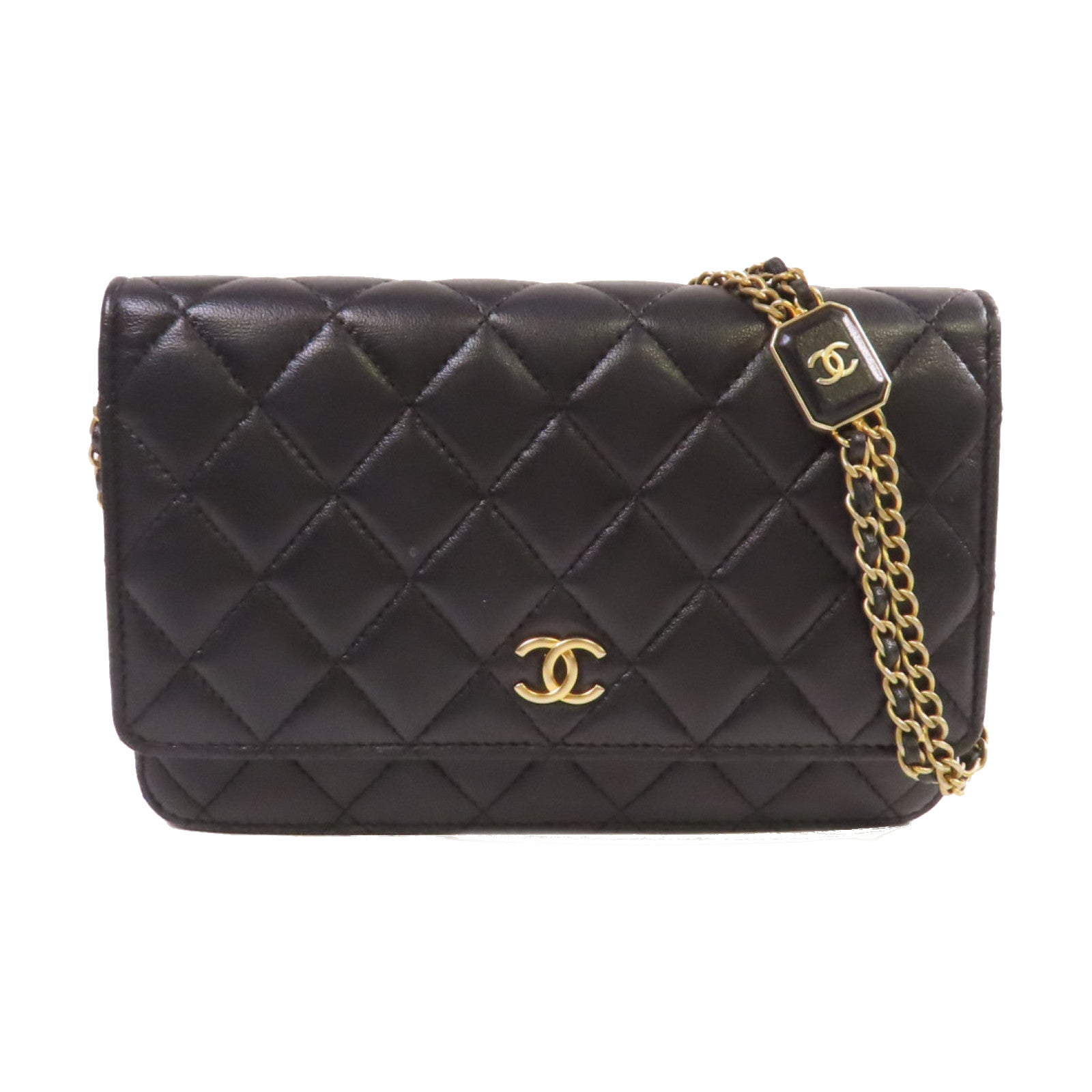 CHANEL 菱格羊皮皮革WOC Wallet On Chain Shoulder Bag金扣鏈帶肩背袋黑色