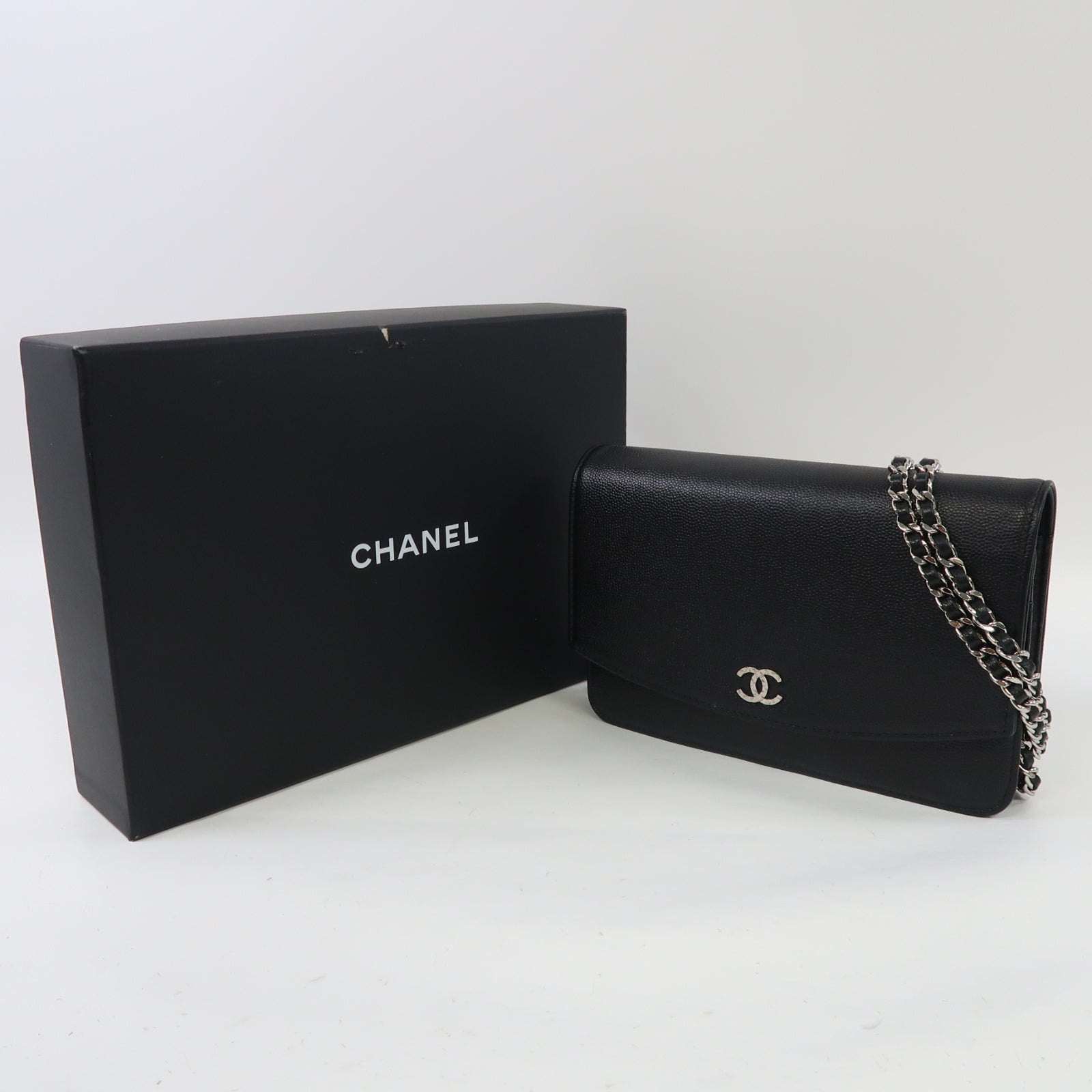CHANEL 牛皮皮革Wallet On Chain銀扣鏈帶肩背袋黑色