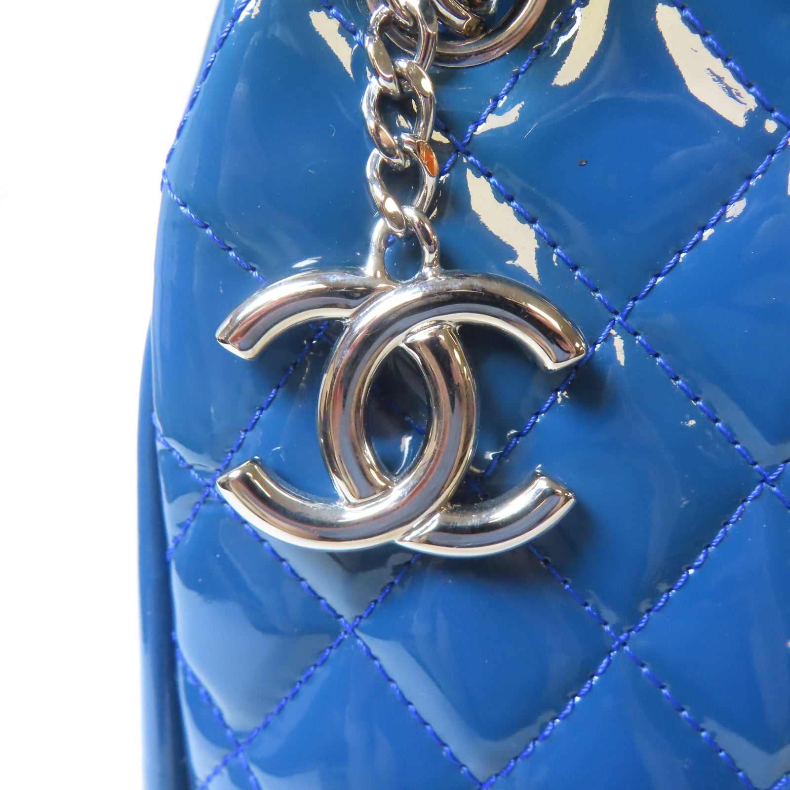 CHANEL 【激減優惠】菱格漆皮皮革Chain Tote Bag銀扣手挽袋藍色