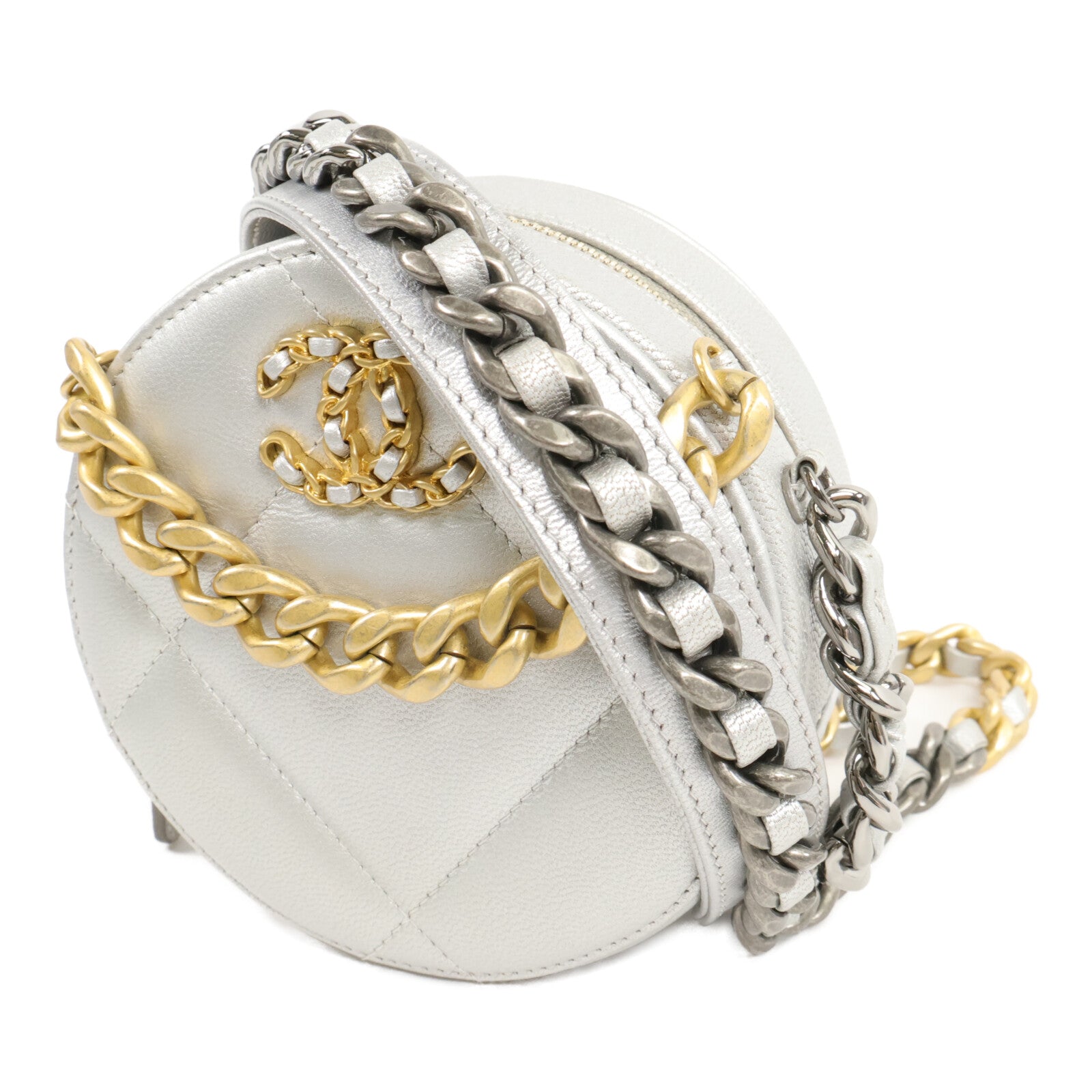 CHANEL 羊皮皮革C19 Round Clutch鏈帶肩背袋