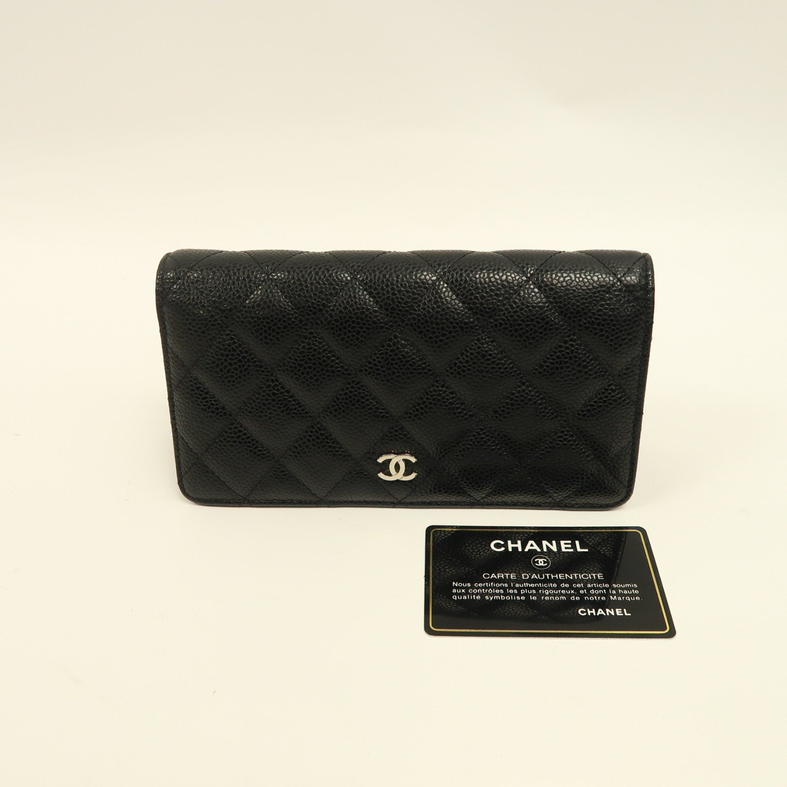 CHANEL 菱格Caviar皮革Wallet銀扣長錢包黑色