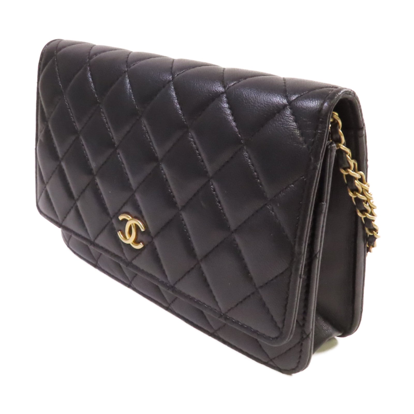 CHANEL 菱格羊皮皮革WOC Wallet On Chain Shoulder Bag金扣鏈帶肩背袋黑色
