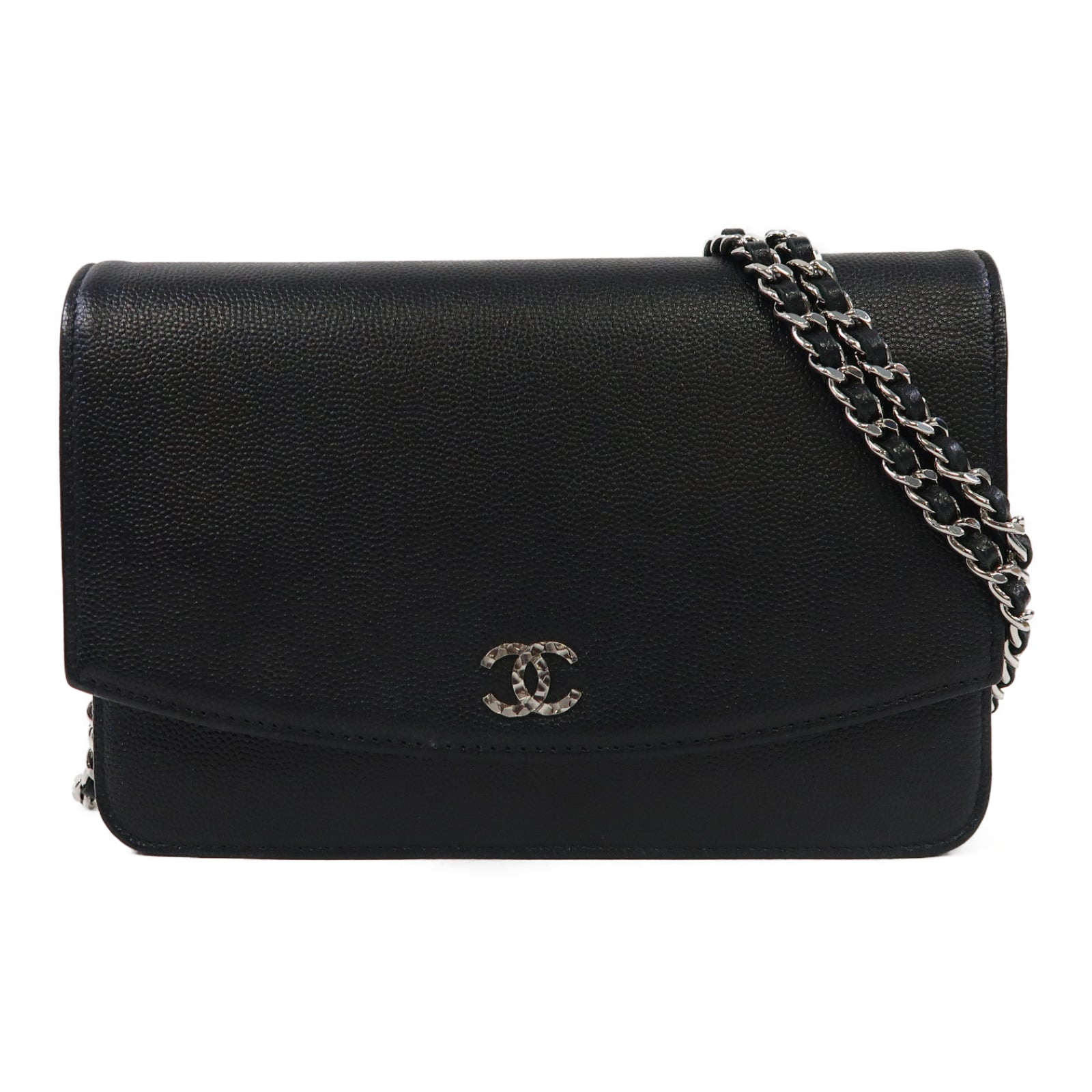 CHANEL 牛皮皮革Wallet On Chain銀扣鏈帶肩背袋黑色