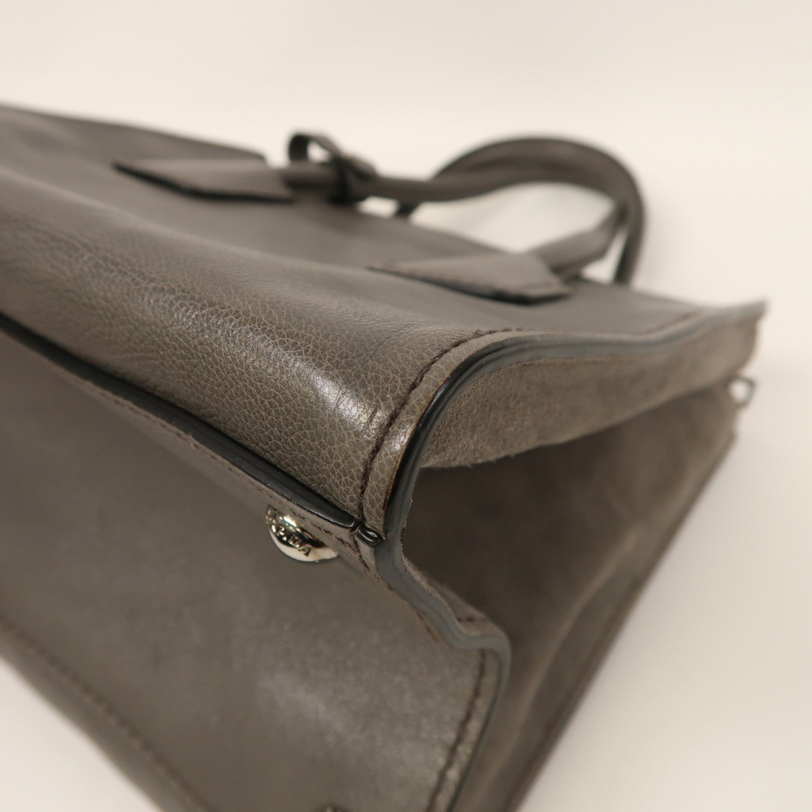 PRADA 牛皮皮革Shoulder Bag銀扣手挽肩背兩用袋灰色