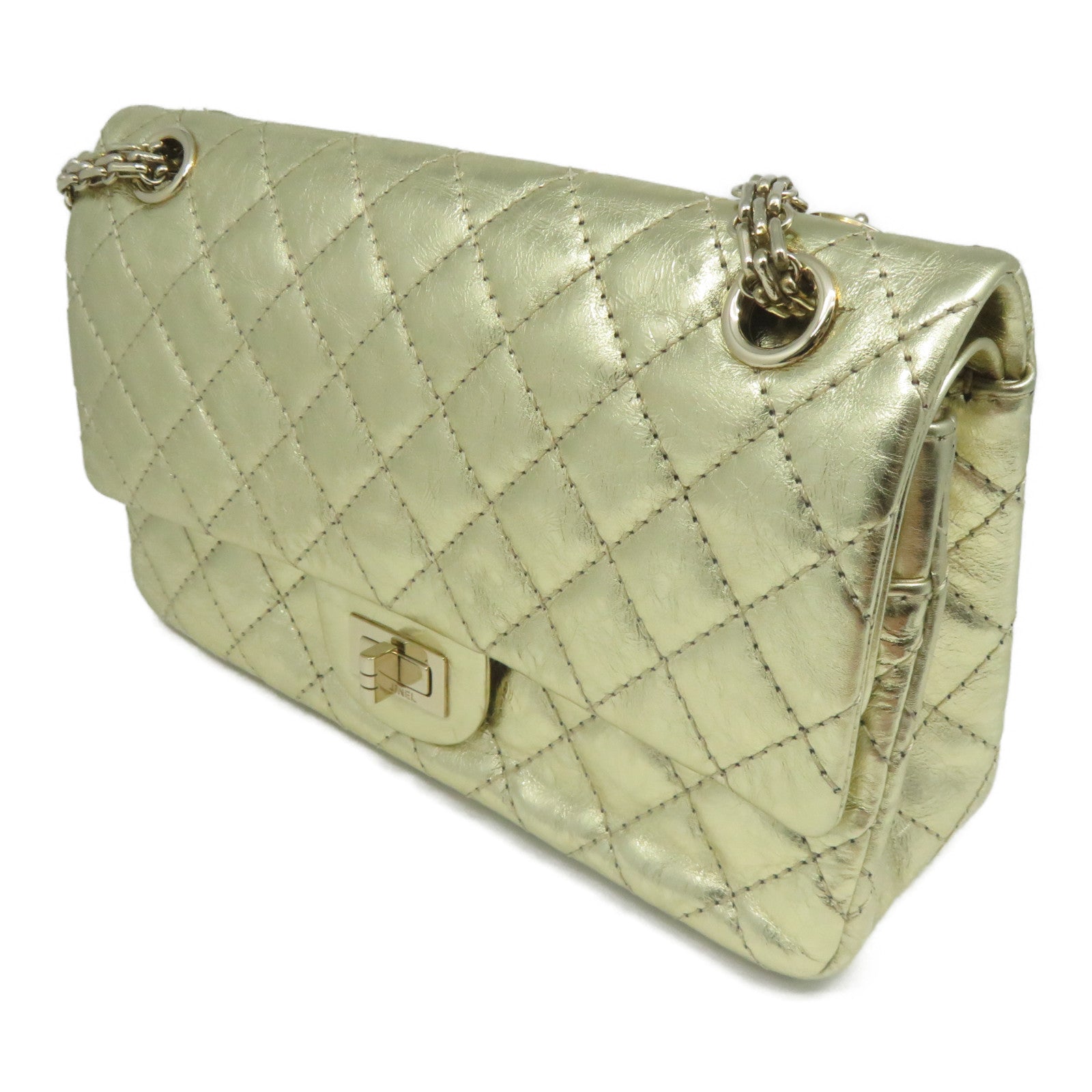 CHANEL 【清倉大減價】菱格牛皮皮革Chain Shoulder金扣鏈帶肩背袋金色
