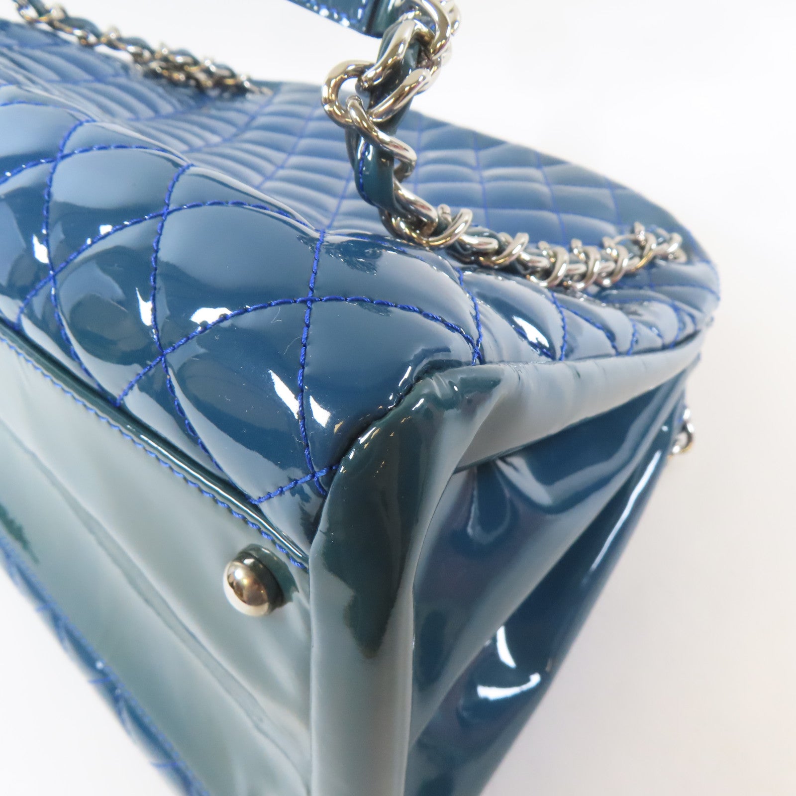 CHANEL 【激減優惠】菱格漆皮皮革Chain Tote Bag銀扣手挽袋藍色