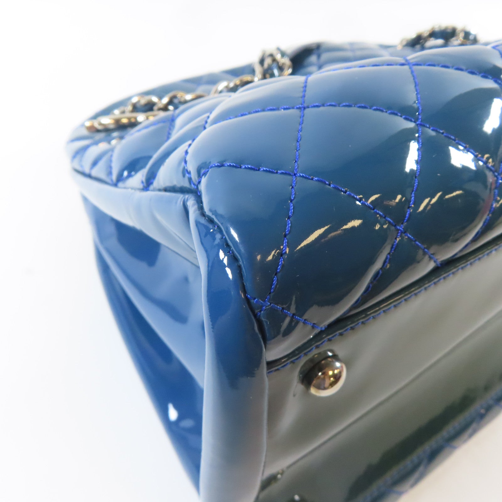CHANEL 【激減優惠】菱格漆皮皮革Chain Tote Bag銀扣手挽袋藍色