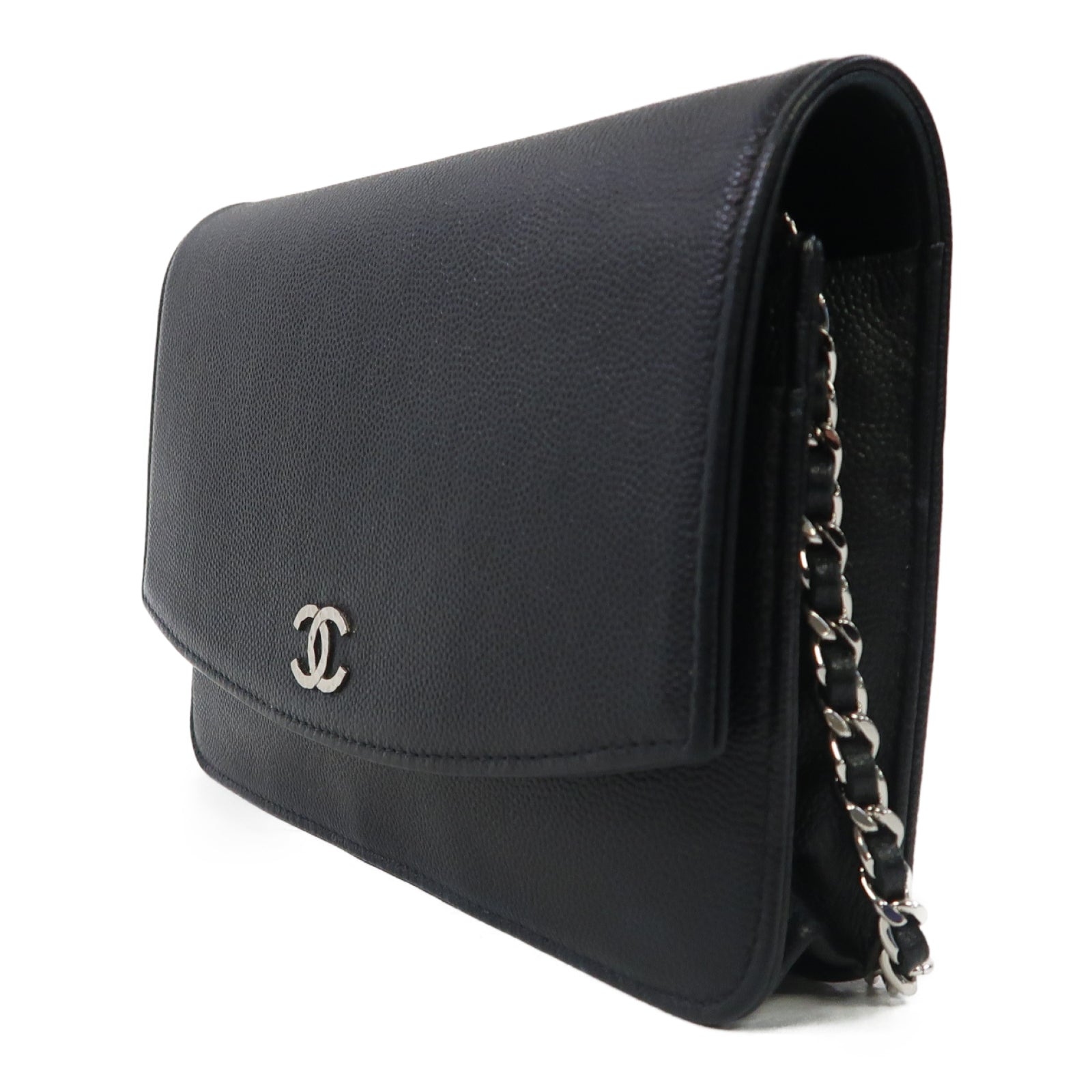 CHANEL 牛皮皮革Wallet On Chain銀扣鏈帶肩背袋黑色