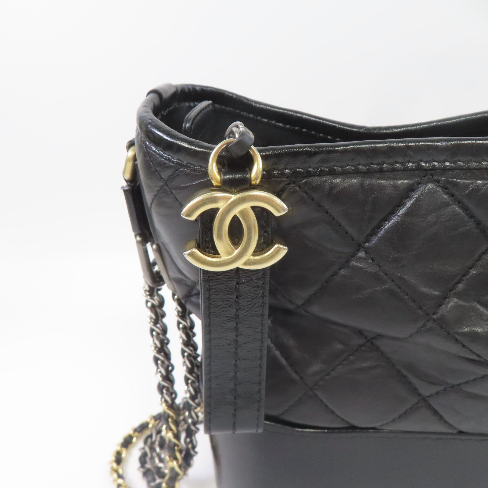 CHANEL **【激減優惠】菱格牛皮皮革Gabrielle金扣/銀扣鏈帶肩背袋黑色
