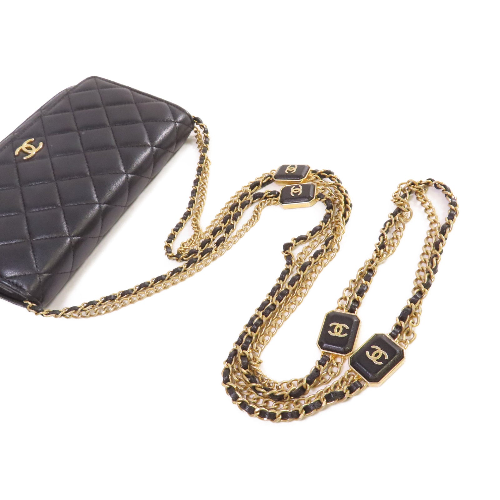 CHANEL 菱格羊皮皮革WOC Wallet On Chain Shoulder Bag金扣鏈帶肩背袋黑色