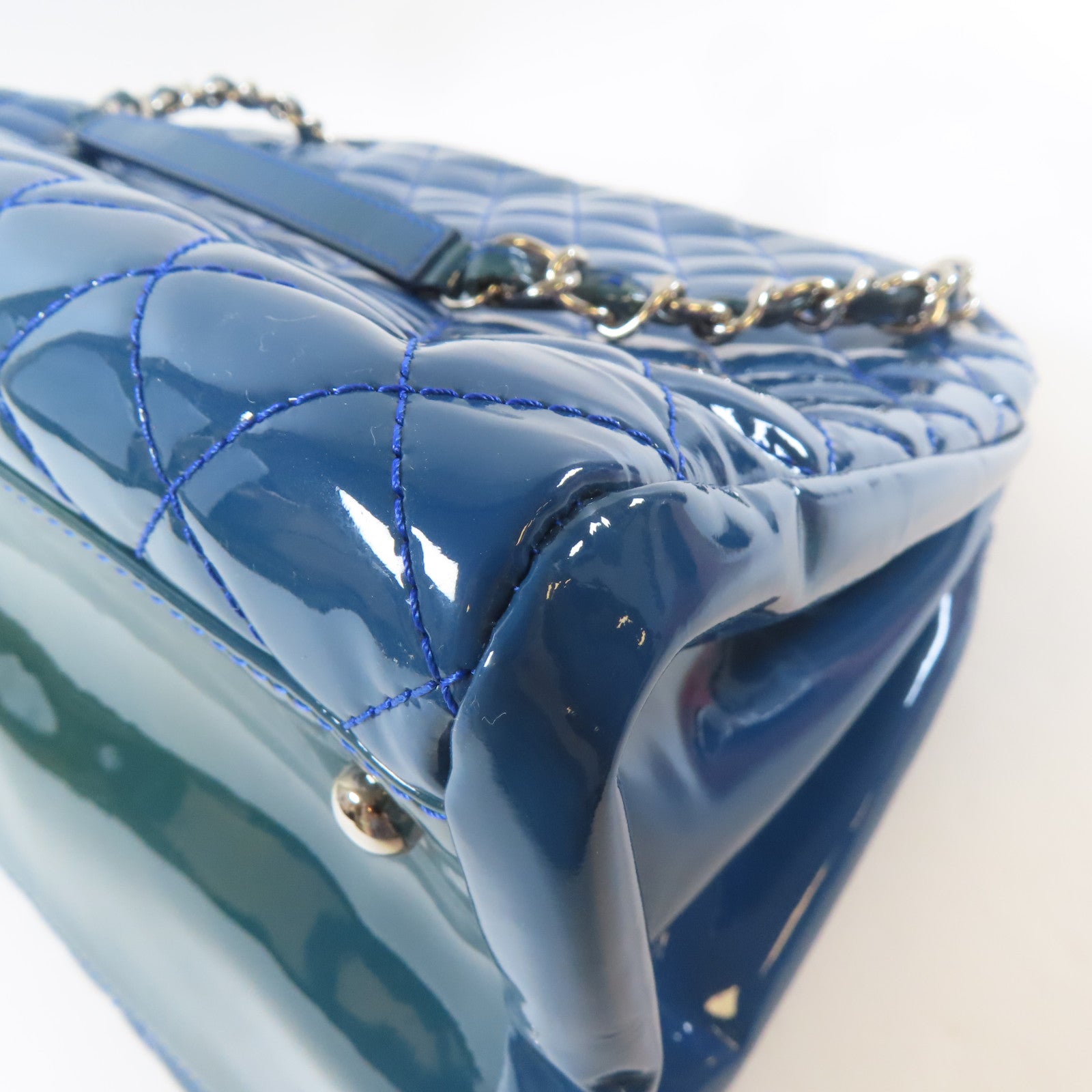 CHANEL 【激減優惠】菱格漆皮皮革Chain Tote Bag銀扣手挽袋藍色