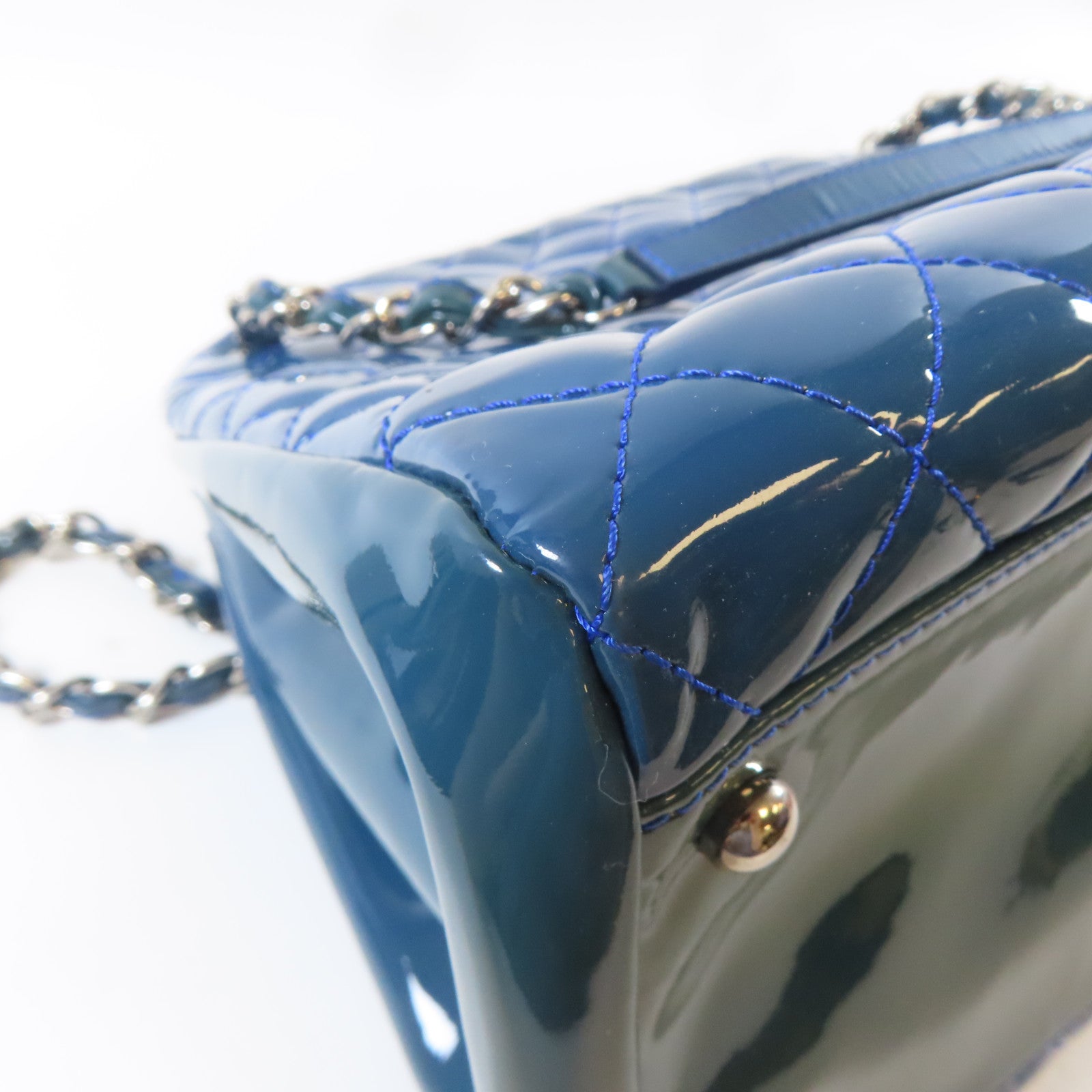 CHANEL 【激減優惠】菱格漆皮皮革Chain Tote Bag銀扣手挽袋藍色