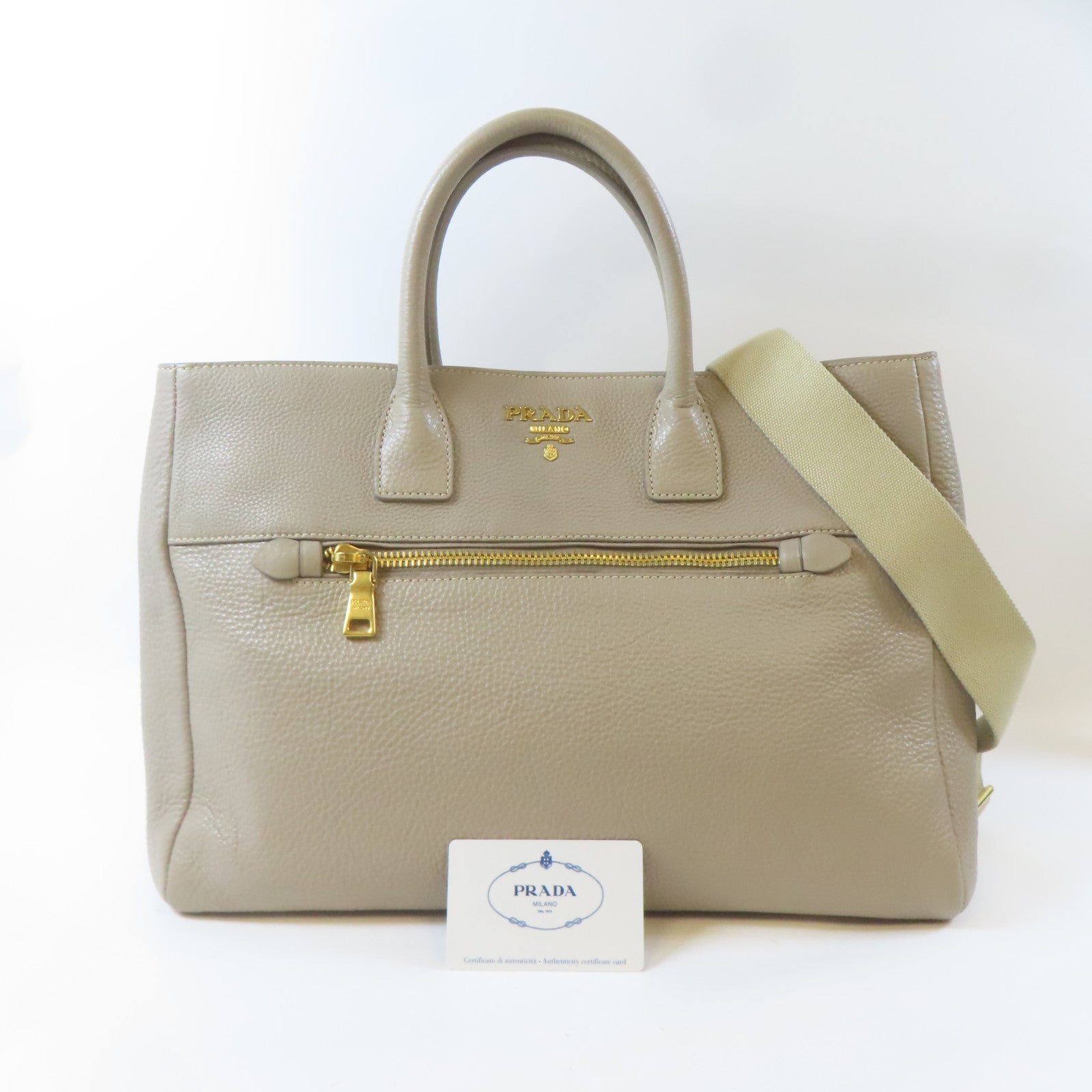PRADA 牛皮皮革Vitella Daino Tote金扣手挽肩背兩用袋淺褐色