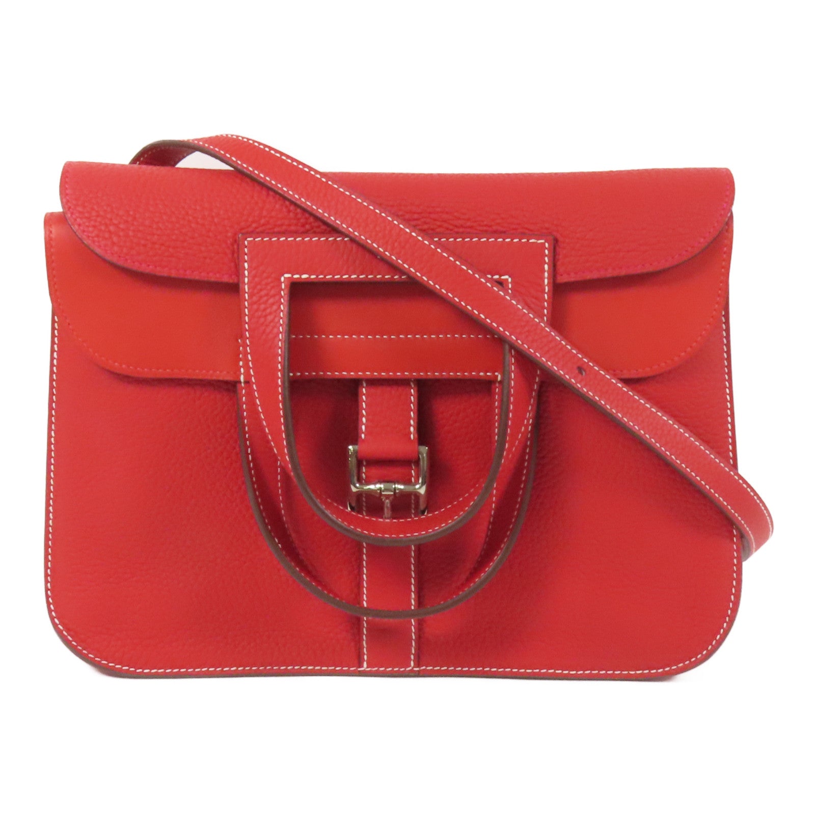 HERMES Clemence皮革Halzan 31銀扣手挽肩背兩用袋Rouge Casaque